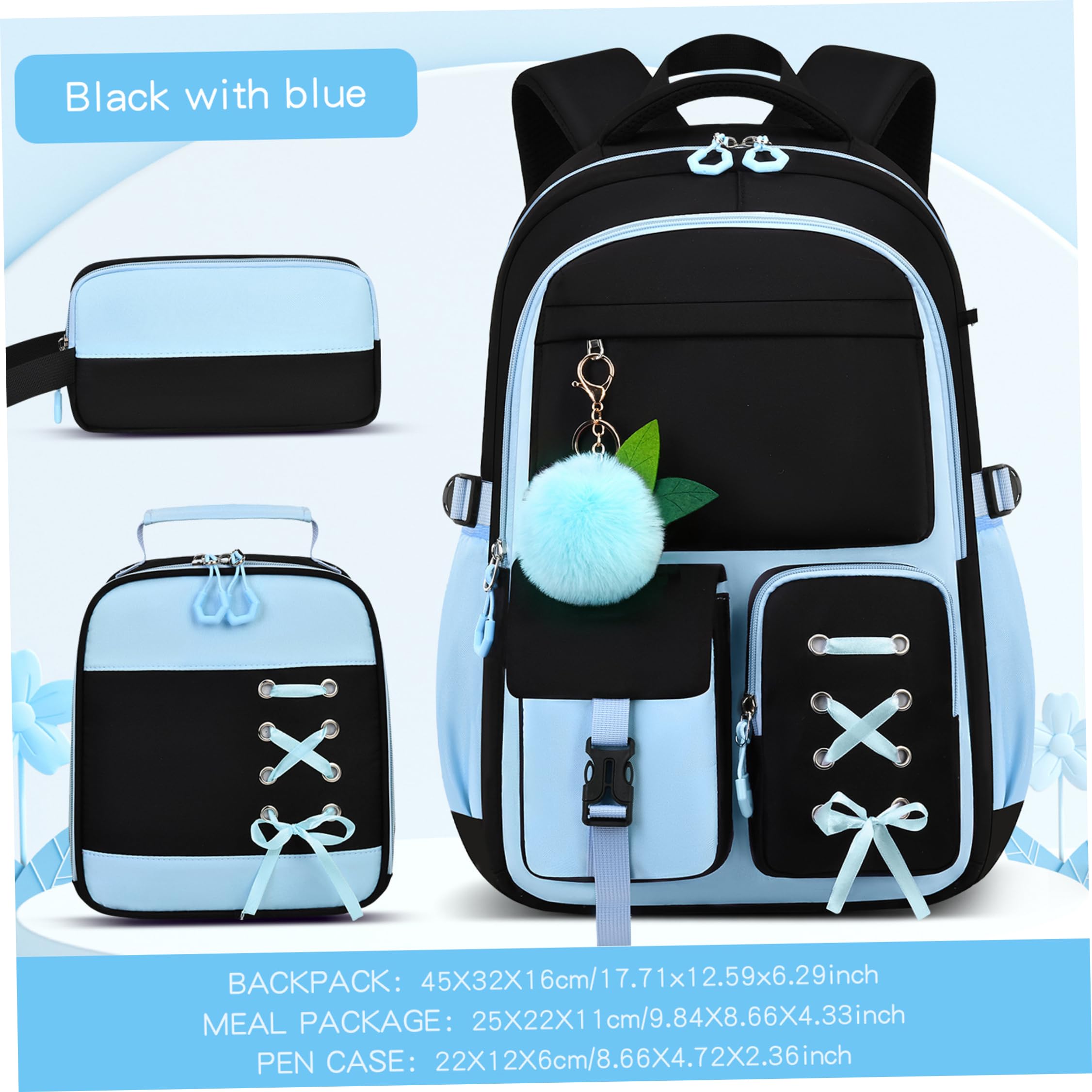 Zaino per ragazze con portapranzo, zaino con fiocco da 3 pezzi, multitasche blu con cinghie traspiranti, poliestere impermeabile per la scuola e i viaggi delle ragazze