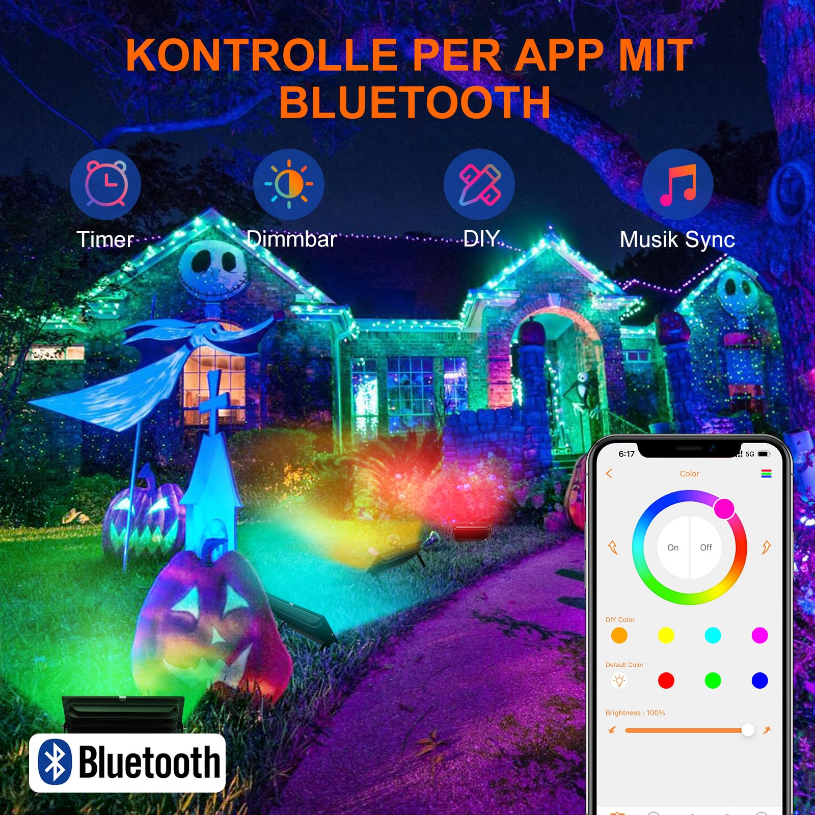 DUSKTEC LED Strahler Außen RGB, Außenstrahler Bunt 80W Smart, Flutlicht Dimmbar Warmweiß Innen, Flutlichtstrahler Outdoor Bluetooth mit Stecker Farbwechsel, Baumstrahler IP66 Wasserdicht für Garten