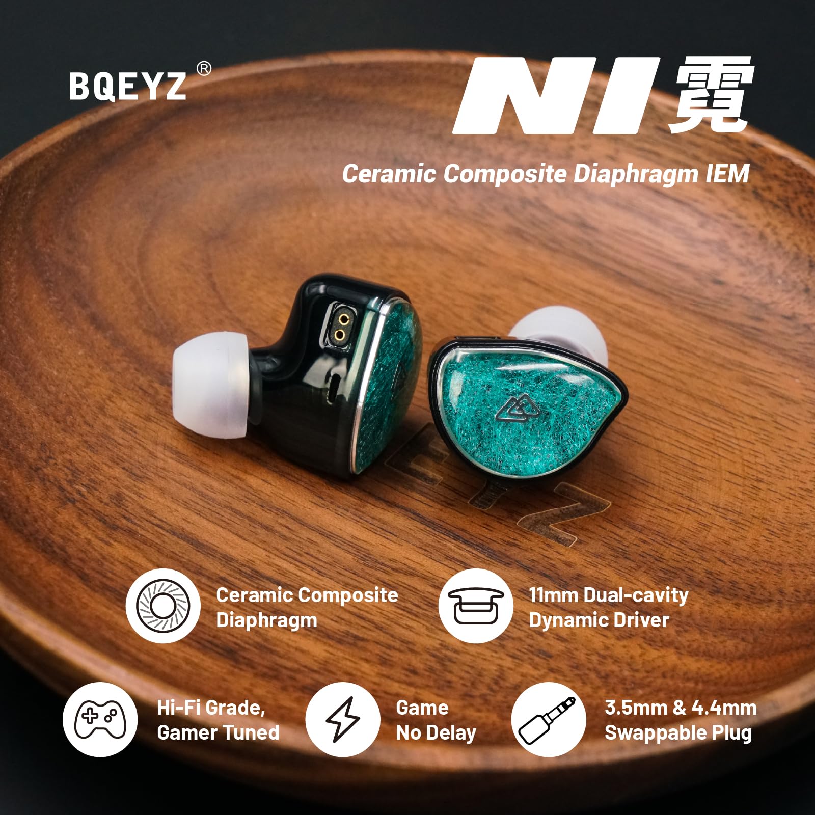 BQEYZ NI HiFi - Auriculares para juegos, monitor intraural con cable | Cable intercambiable con micrófono USB-C, diafragma de cerámica ideal para juegos, monitoreo de estudio y escucha diaria