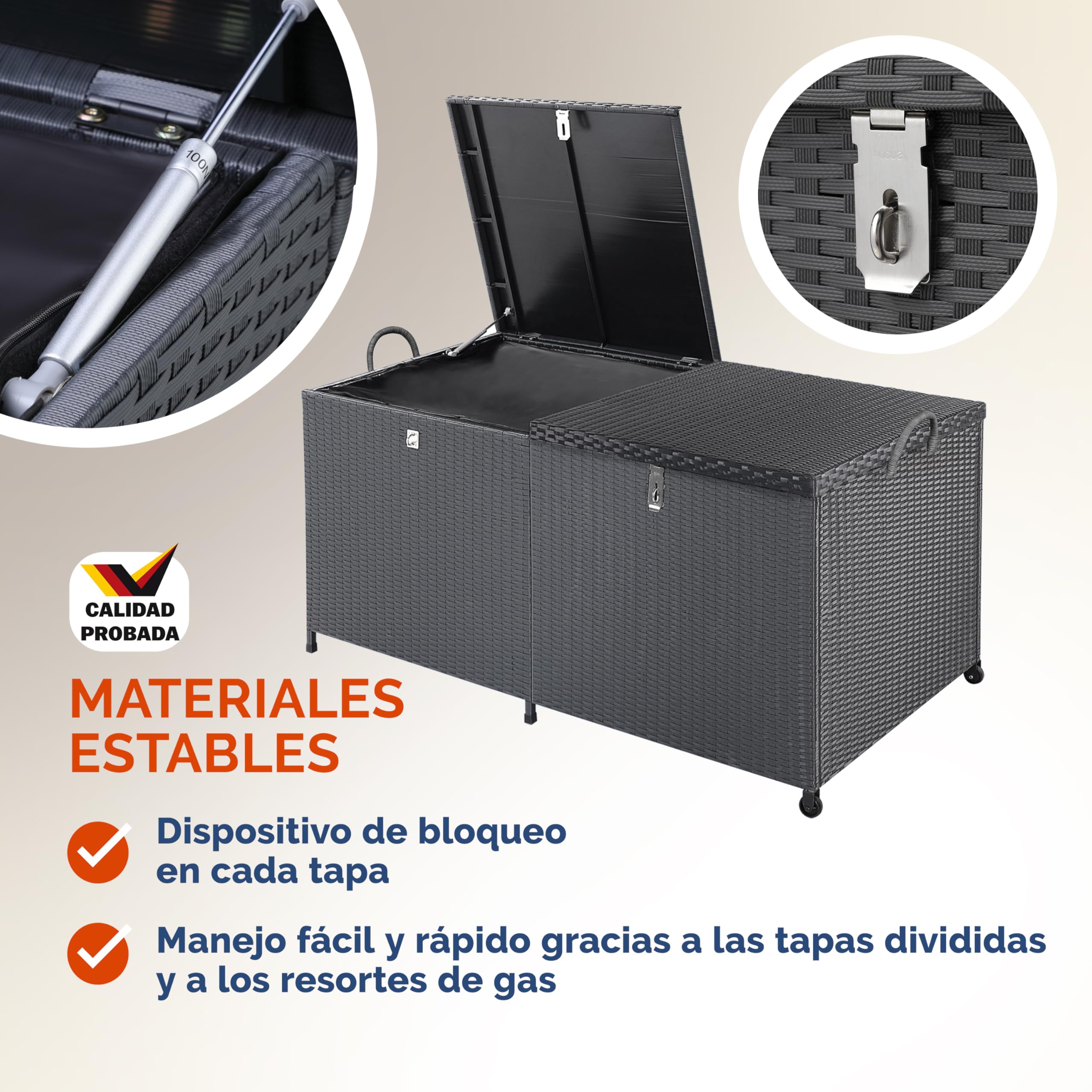 CASARIA® Baúl de Jardín de Poliratán XXL 625L Negro con Ruedas Arcón de Jardín Impermeable 150x77x73cm