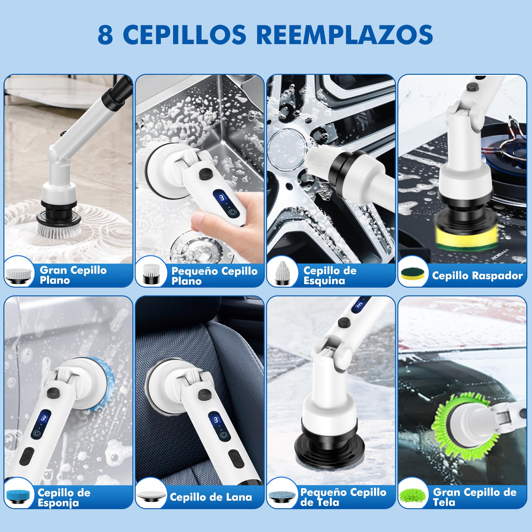 Cepillo Electrico Limpieza Hogar,Cepillo Limpieza Electrico con 8 Cabezales Reemplazables,Spin Scrubber Giratorio Limpieza Potencia,Fregadora Giratoria Eléctrico para Hogar,Baño,Suelos