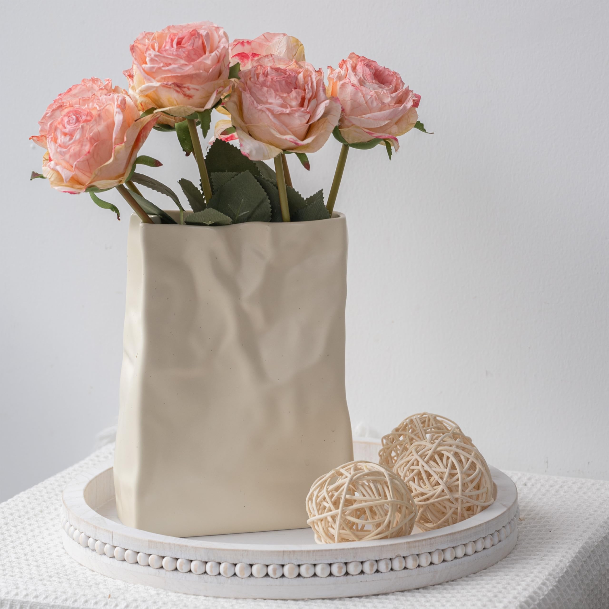 Relexome Paper Bag Vase Crinkle Wide Ceramic Flower Vase Boho Wabi-Sabi Vases, Cute Home Office Living Room Decor Aesthetic Unique Bookshelf Decorative, Bouquet Gifts for Women Girl 8 Inch: Cream White