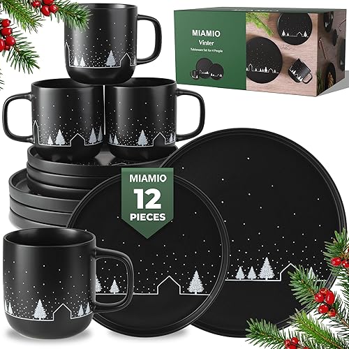MIAMIO – Christmas Dinnerware Set 12-Piece/Christmas Plates Set with Mugs