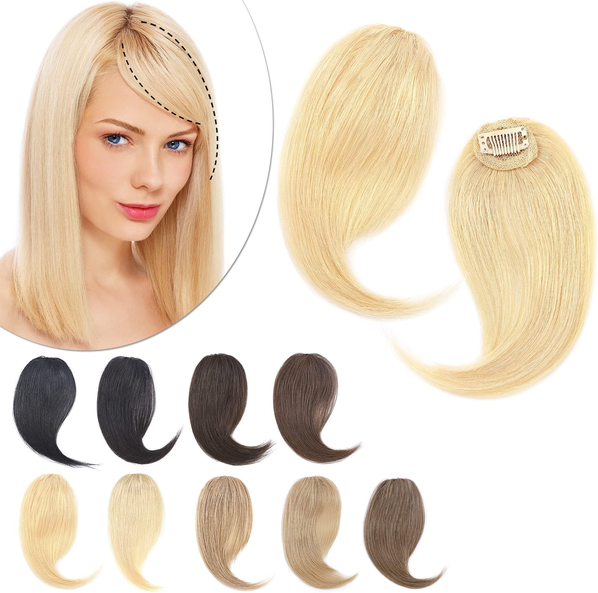 SEGO Clip in Bangs 100% Real Human Hair 10 inch 2PCS French Bangs Wave Fringe Side Bangs Swept Natural look Hair Piece 15g--Bleach Blonde