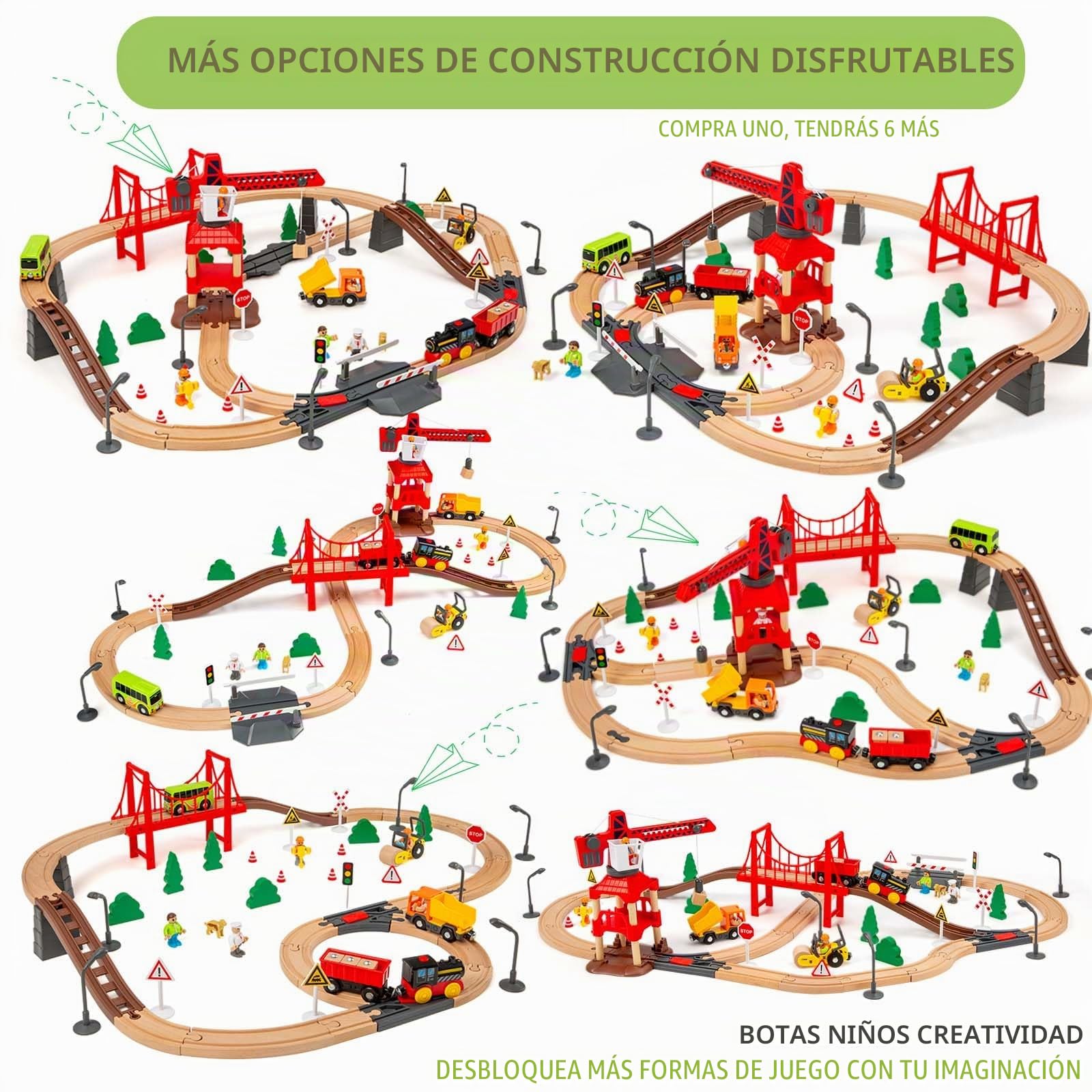 Set de Tren de Madera con Tren Eléctrico y Grúa Magnética, 86 Piezas Circuito de Tren de Construcción, Doble Nivel con Vías y Cambios, Compatible con Thomas, Brio, IKEA, Juguete Stem Regalo