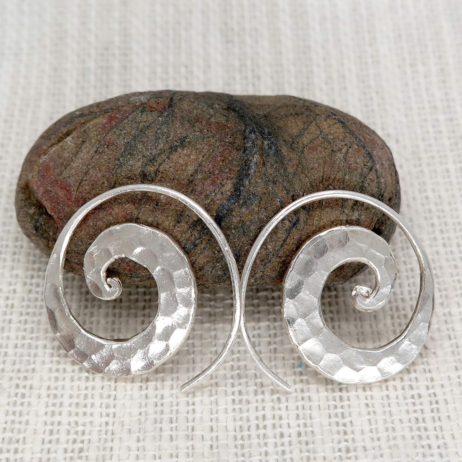 Sterling Silver Hammered 1 inch Spiral Hoops Earrings, Minimalist Handmade Hippie Boho Tribal Shiny Flat Swirl, Gift for Her
