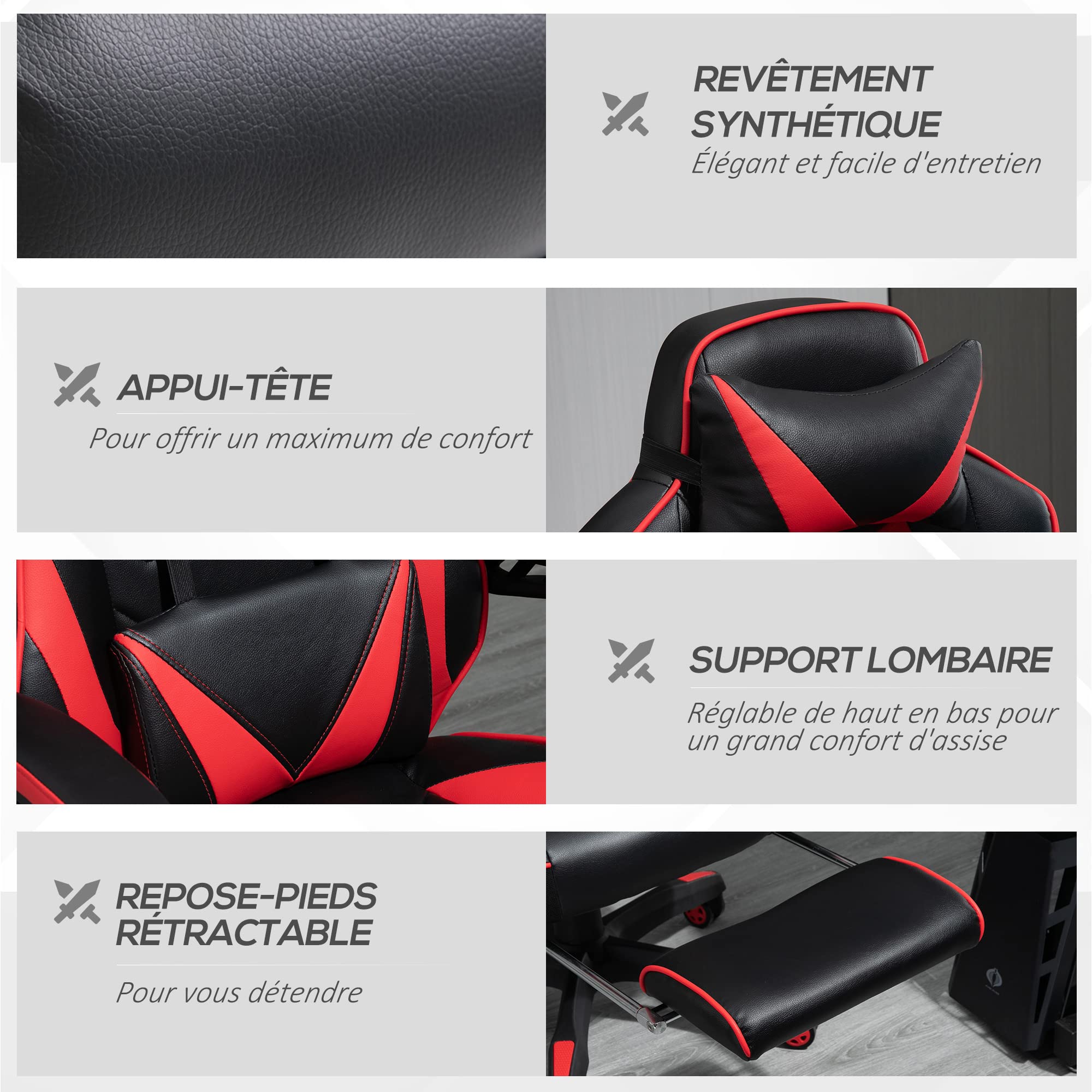 Vinsetto Chaise Gaming Ergonomique, Fauteuil de Bureau, Noir et Rouge