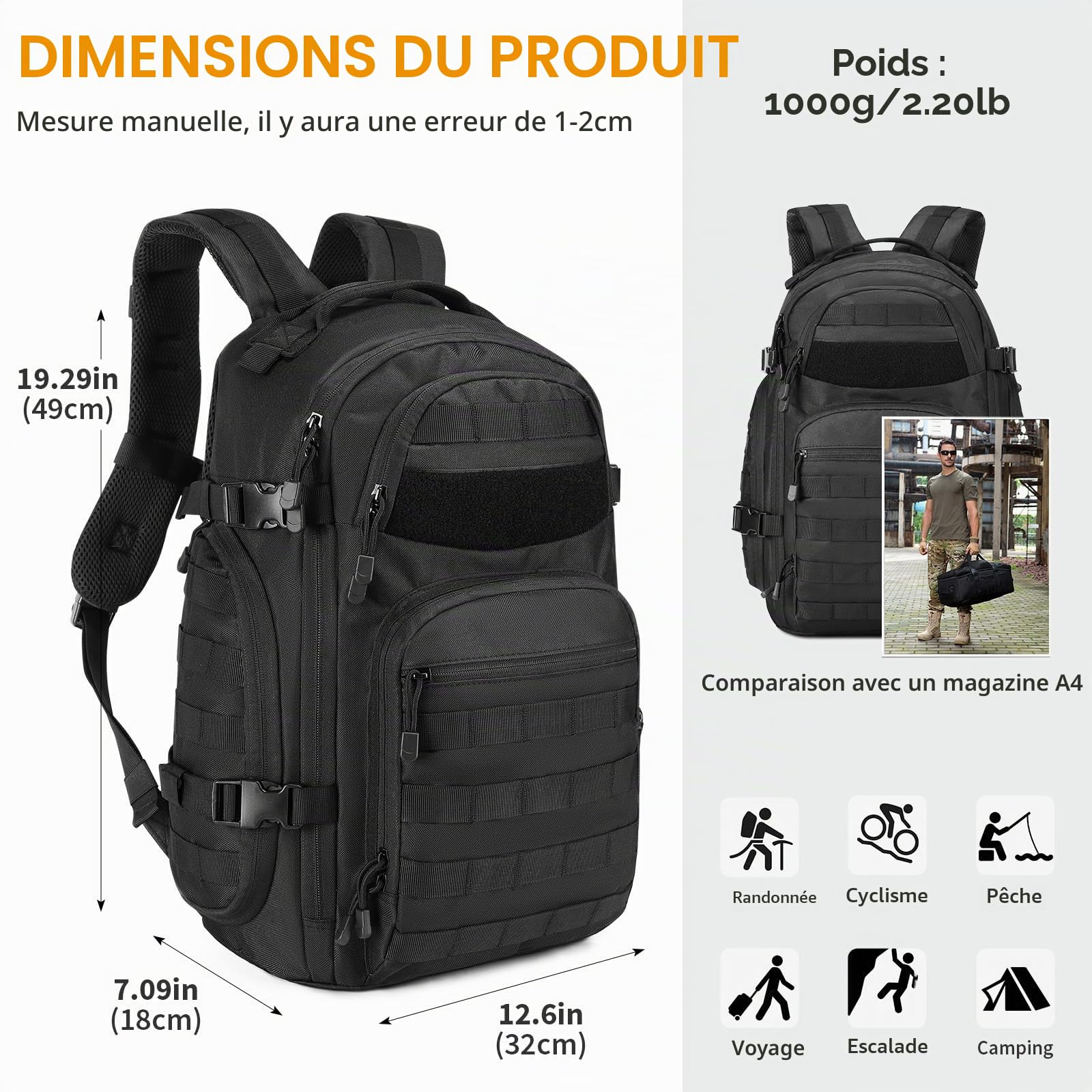 Sac à dos tactique militaire de 30 l - Pour la randonnée, la chasse, le trekking, le camping et d'autres activités de plein air