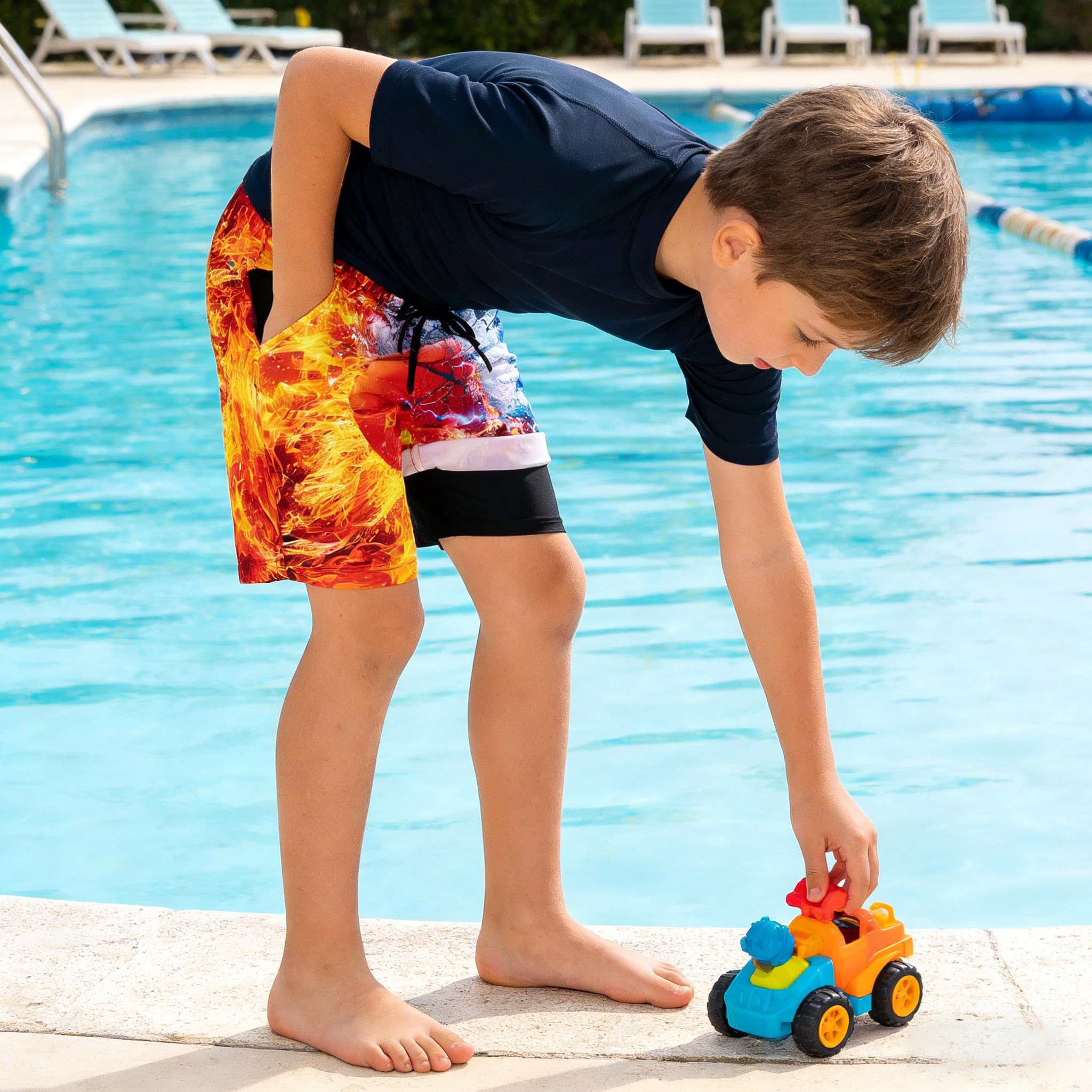 Fanient Maillot de Bain Garçon avec Doublure de Compression,Short de Bain 2 en 1 à Séchage Rapide et Poches,Idéal pour Le Surf et la Plage,7-18 Ans