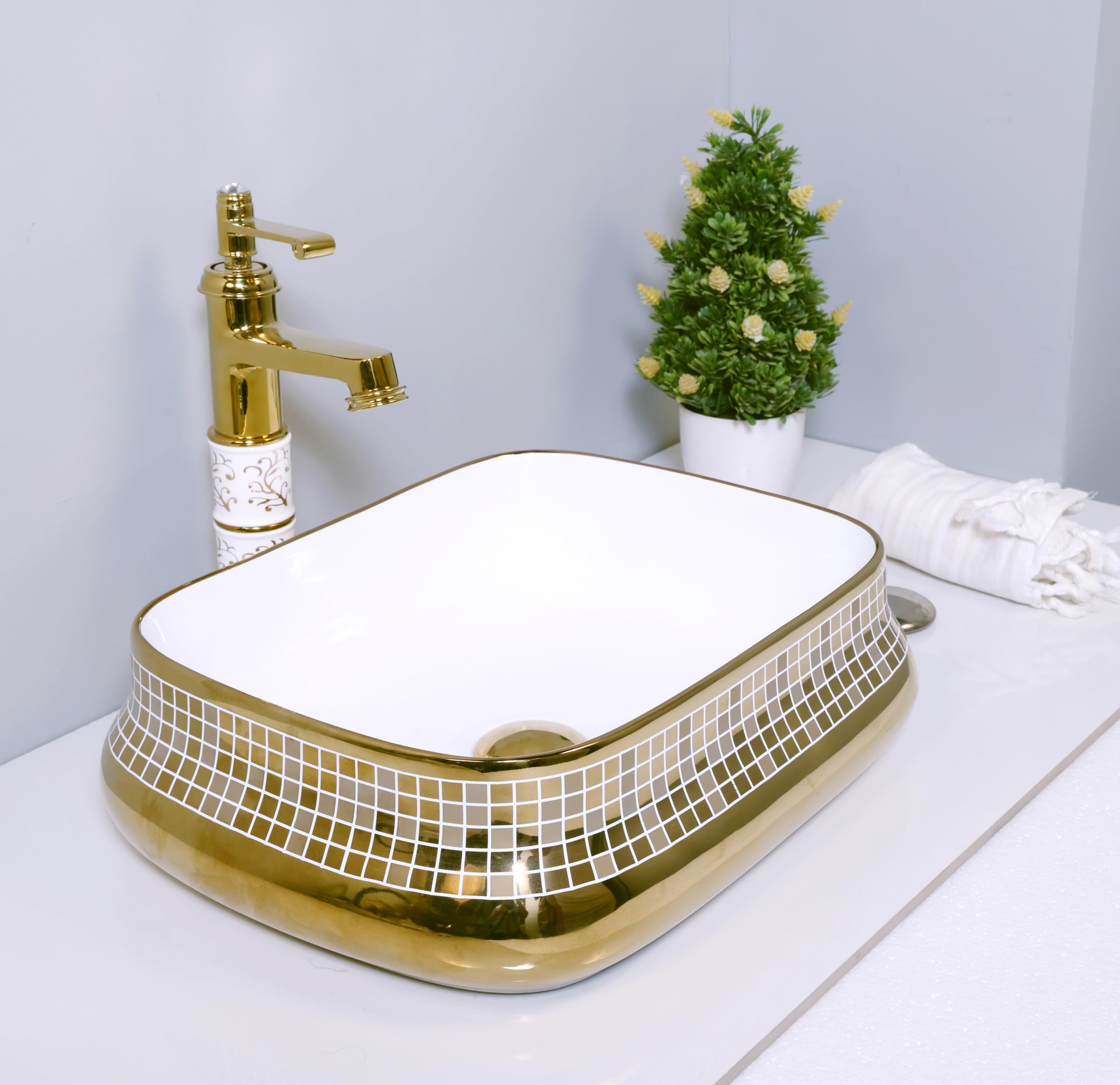 Hardstone Table Top Ceramic Wash Basin Countertop Designer Vessel Sink - Bathroom Washbasin over counter For Hotel Home Living Room Printed Glossy Finish (18 x 14 x 5 In, White With Gold square) (B0DDCMFHNY) Amazon Price History, Amazon Price Tracker