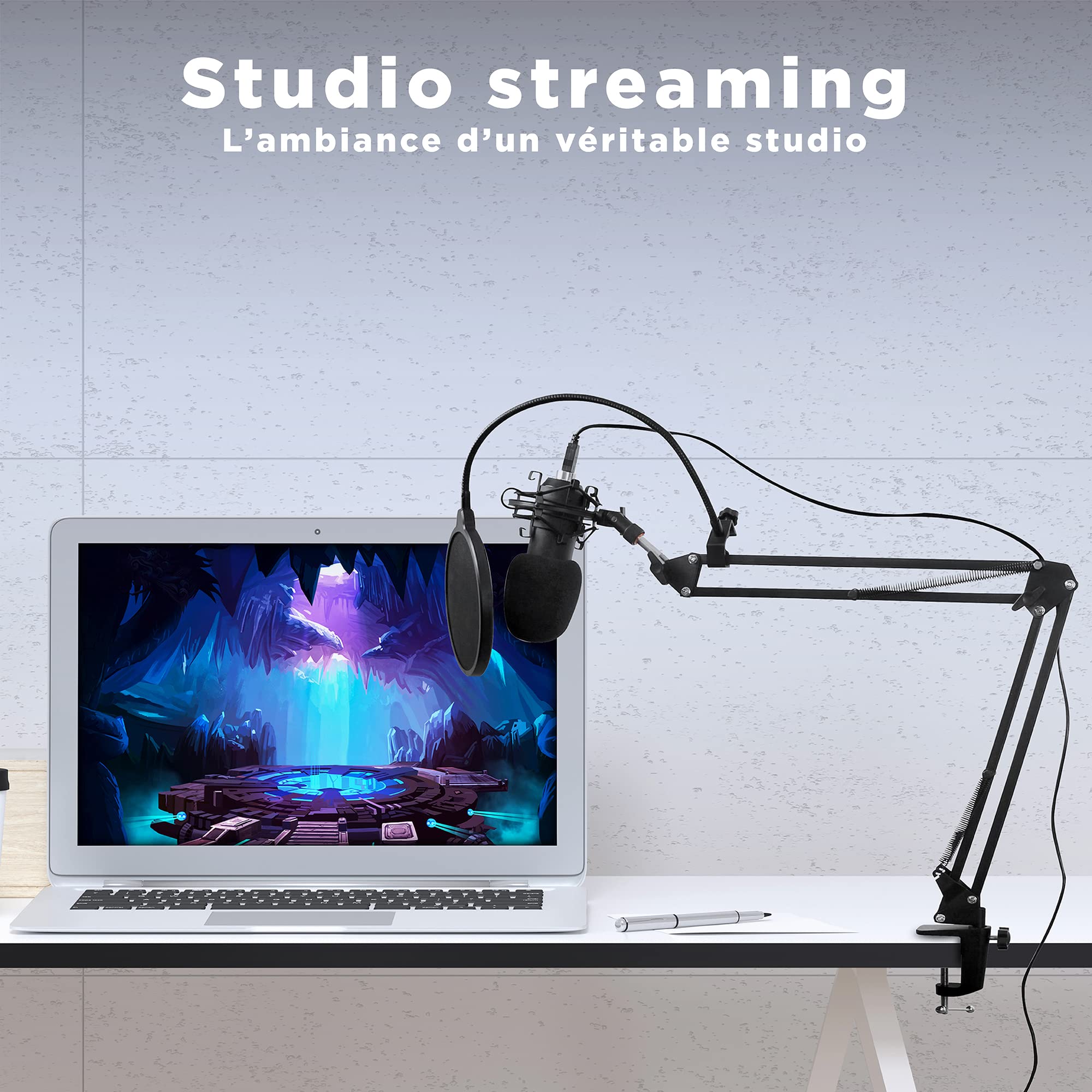 TnB Influence Mikrofon Nierencharakteristik Kondensatormikrofon Professionelle Qualität, Komplettpaket - Gelenkarm - Mütze - Popfilter - Vibrationsunterstützung, ideal für Streaming, Podcast - Schwarz