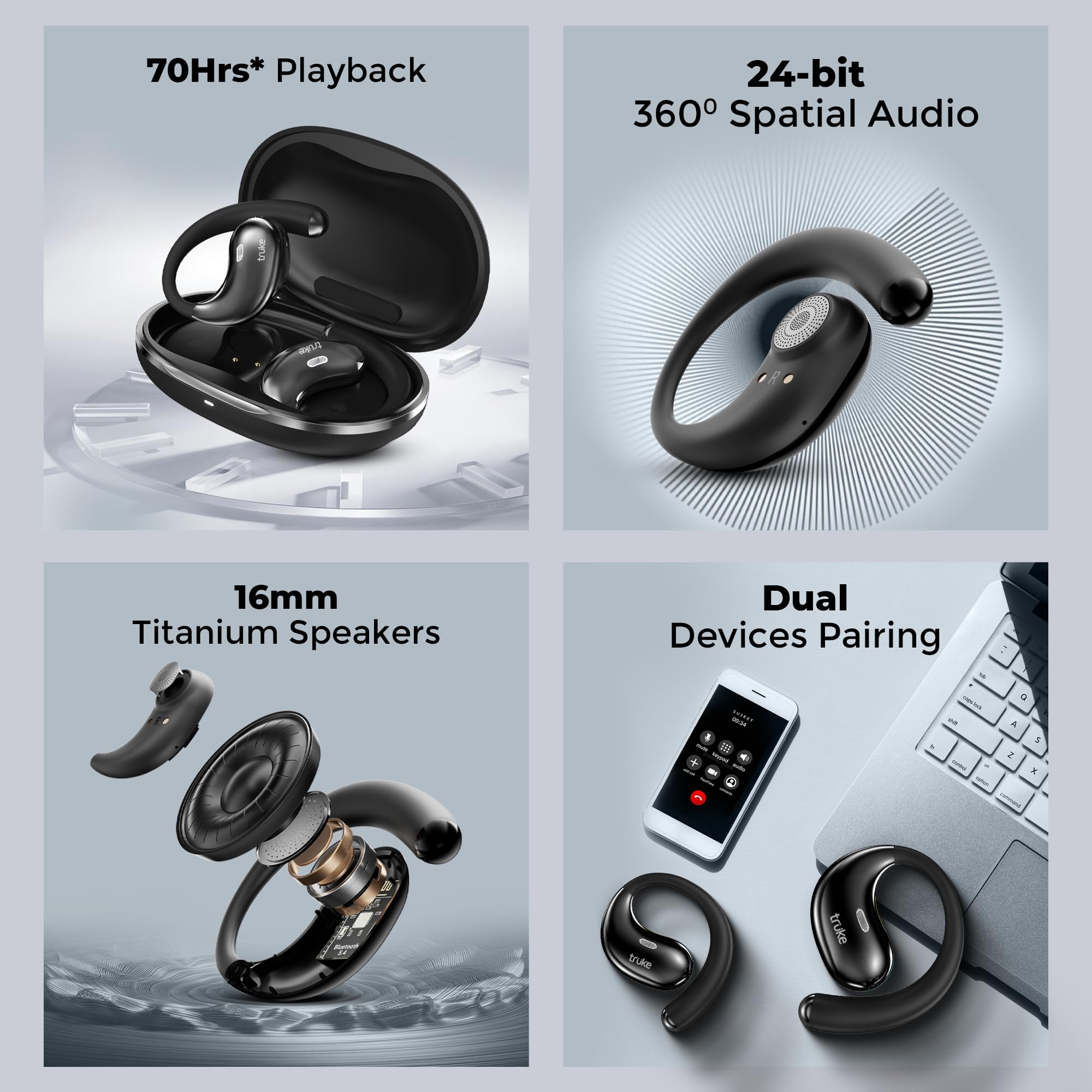 truke New Launch ResonanceX Open Ear Wireless Earbuds, 24-bit Spatial Audio, 70Hrs Playtime with Fast Charging, 16mm Titanium Drivers, 40ms Low Latency, Quad Mic ENC Calls, Made in India (Ash Black) — Amazon image 2