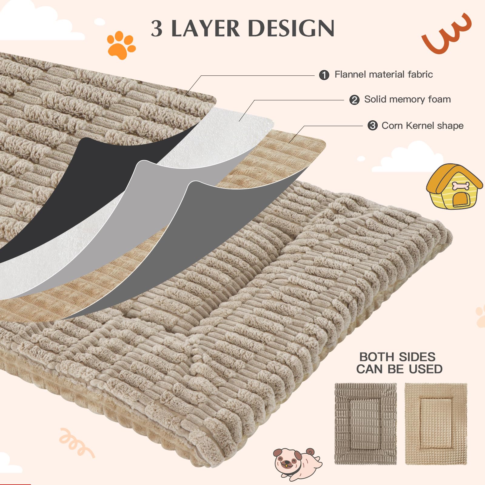 IEUUMLER Memory Foam Materasso per Cani, Cuscino per Cane Gatto, Pelosa Morbida Lavabile Doppio Uso Materasso per Grande Medio Piccolo Cani Gatti FC020 (Khaki, XL-100x80cm)