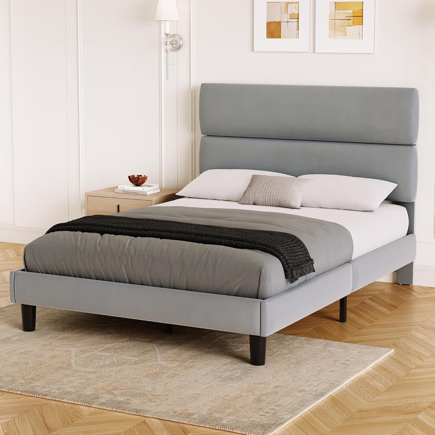 GRUSIGN Full Size Platform Bed Frame with Velvet Headboard, Adjustable Height Wooden Slats Support, Upholstered Mattress Foundation, Fits Mattress or Mattress with Box Spring, Easy Assembly, Grey