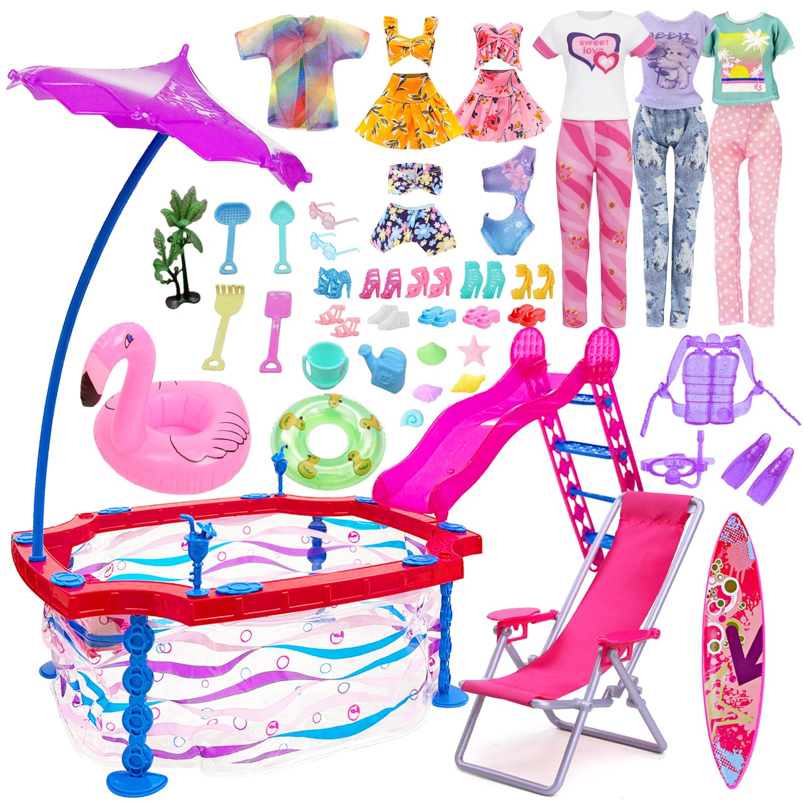36 Pcs Doll Pool Playset with Slide, 11.5 inch Doll Clothes Accessories with 1 Diving Suit 1 Surfboard Beach Chairs 2 Swimring 3 Outfits 3 Swimwear 10 Shoes 14 Sand Beach Accessories, Gift for Girl
