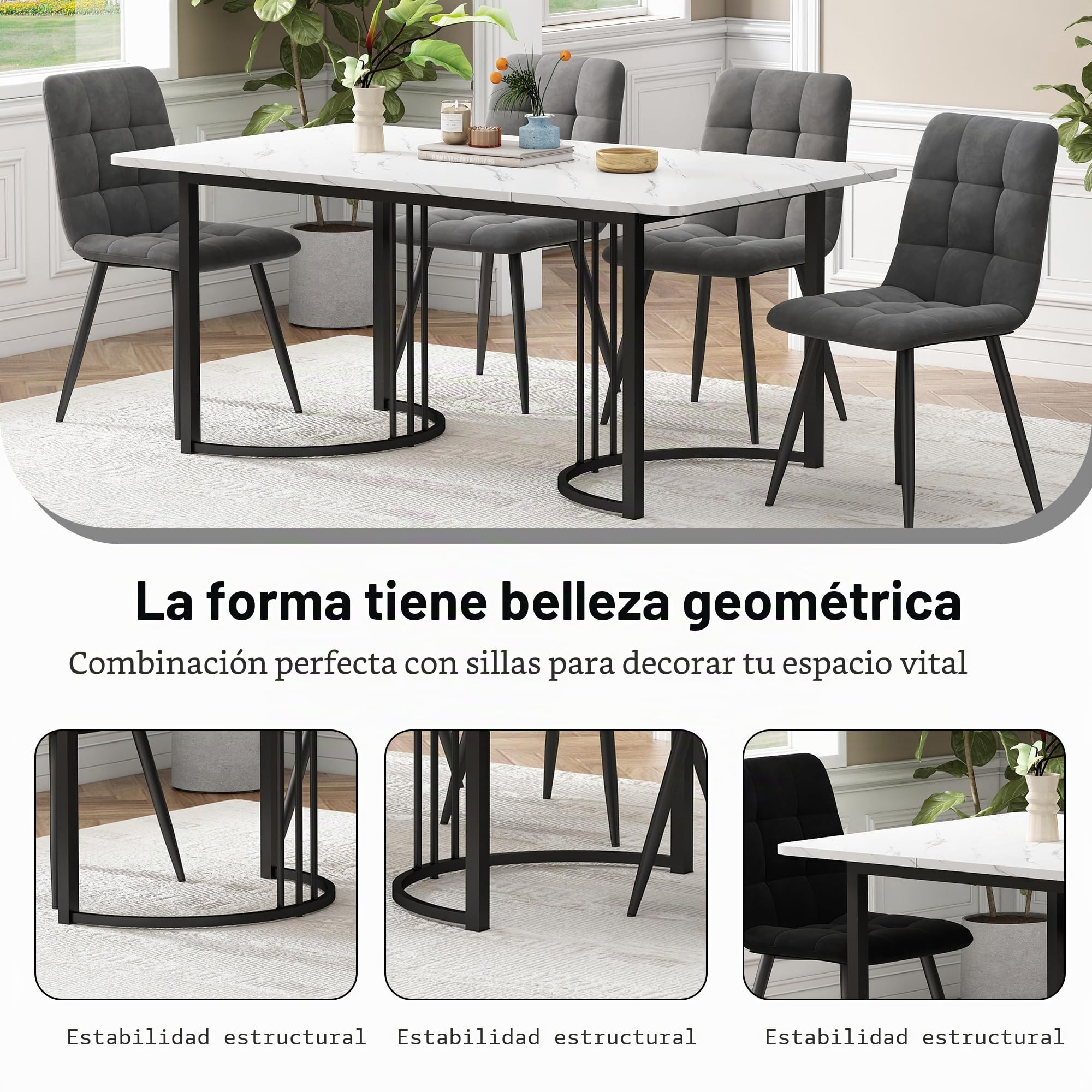 Merax Mesa de comedor 140x80cm, Mesa rectangular de diseño de mármol, para 4-6 personas, estructura metálica, patas ajustables, adecuada para restaurante, sala de estar, cocina, salón, Blanco/Negro