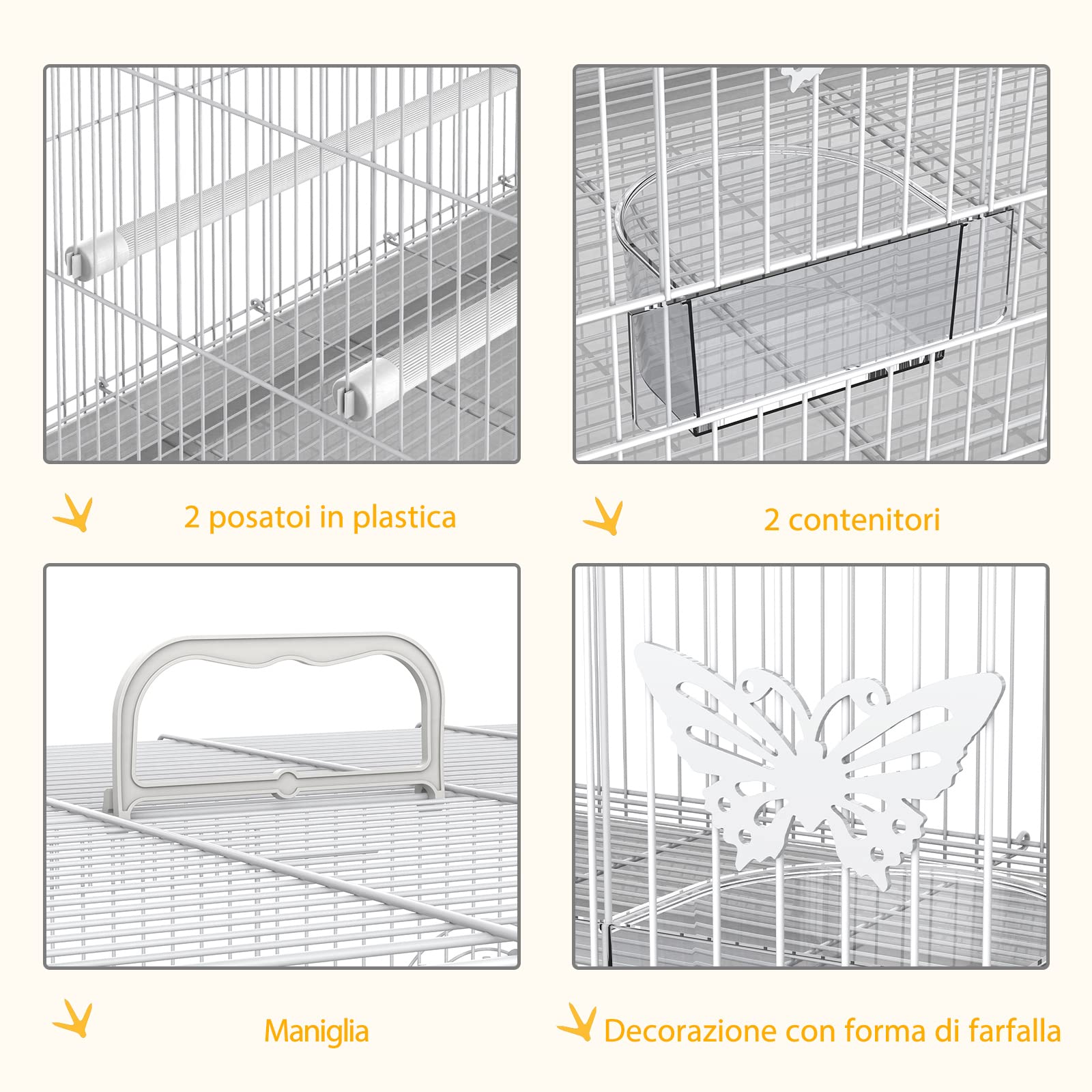 PawHut Gabbia per Uccelli in Metallo con Posatoi e Ciotole per Cibo, Voliera per Canarini e Pappagallini 60x41x41cm, Bianco