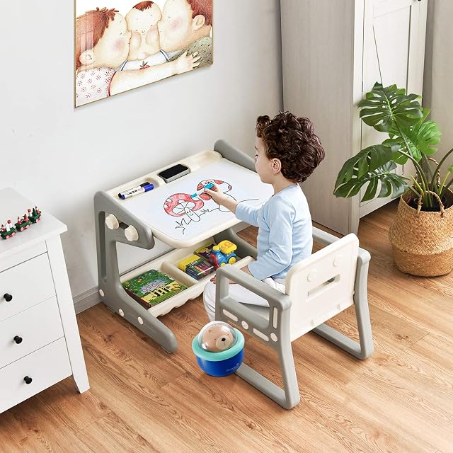 GYMAX Kids Table and Chair Set, Height Adjustable Drawing Board with Storage Tray, Pens and Eraser, Childrens Desk with Magnetic Whiteboard for Boys Girls (Grey)