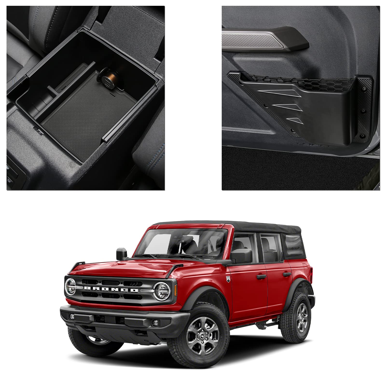 Ecarzo Center Console Organizer and Door Storage Pockets for 2021 2022 2023 2024 Ford Bronco