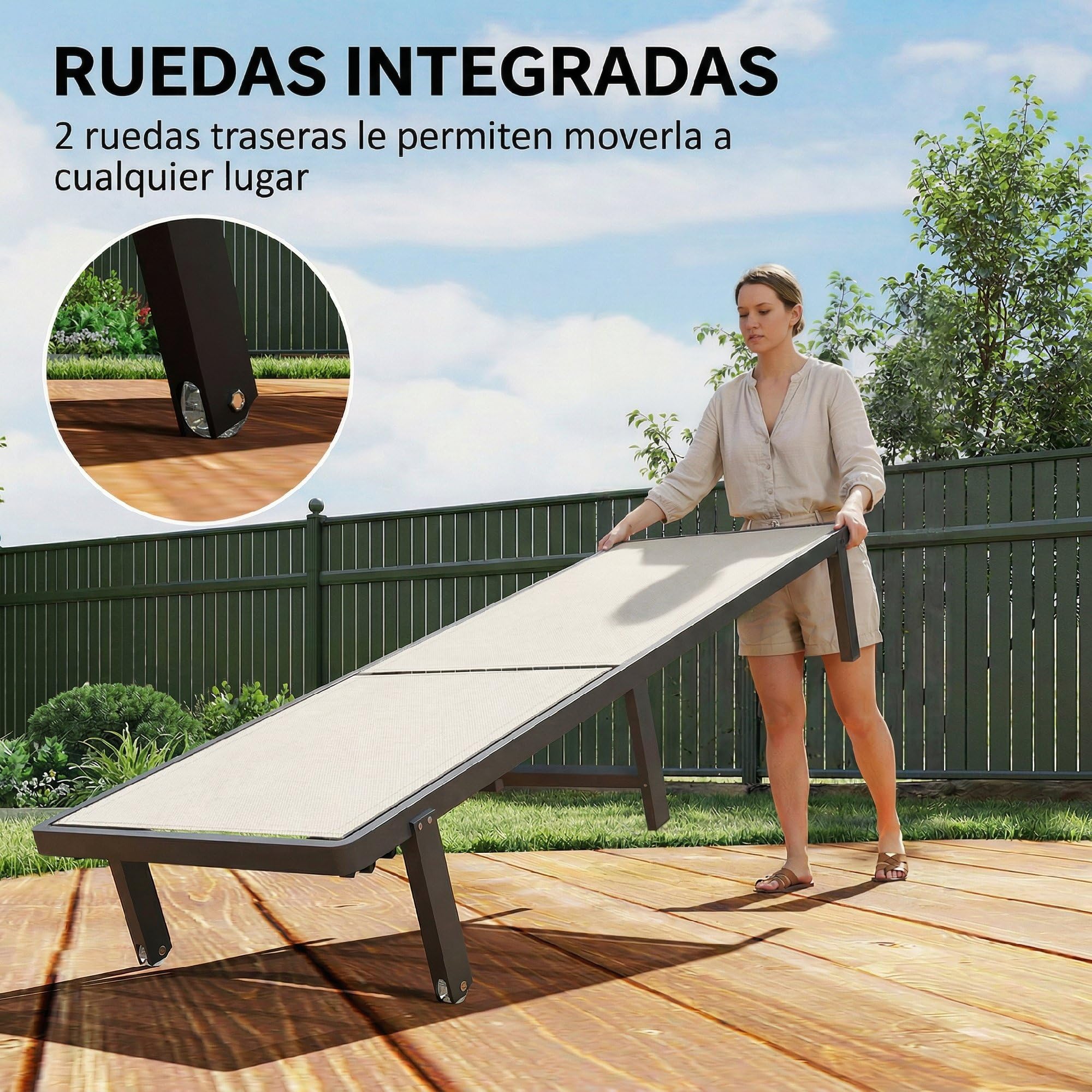 Outsunny Pack de 2 Tumbonas de Jardín Exterior, Tumbonas Reclinables con Ruedas, Respaldo Ajustable de 4 Niveles, Estructura de Aluminio y Tela Textilene, Resistentes, para Playa, Piscina, Beige