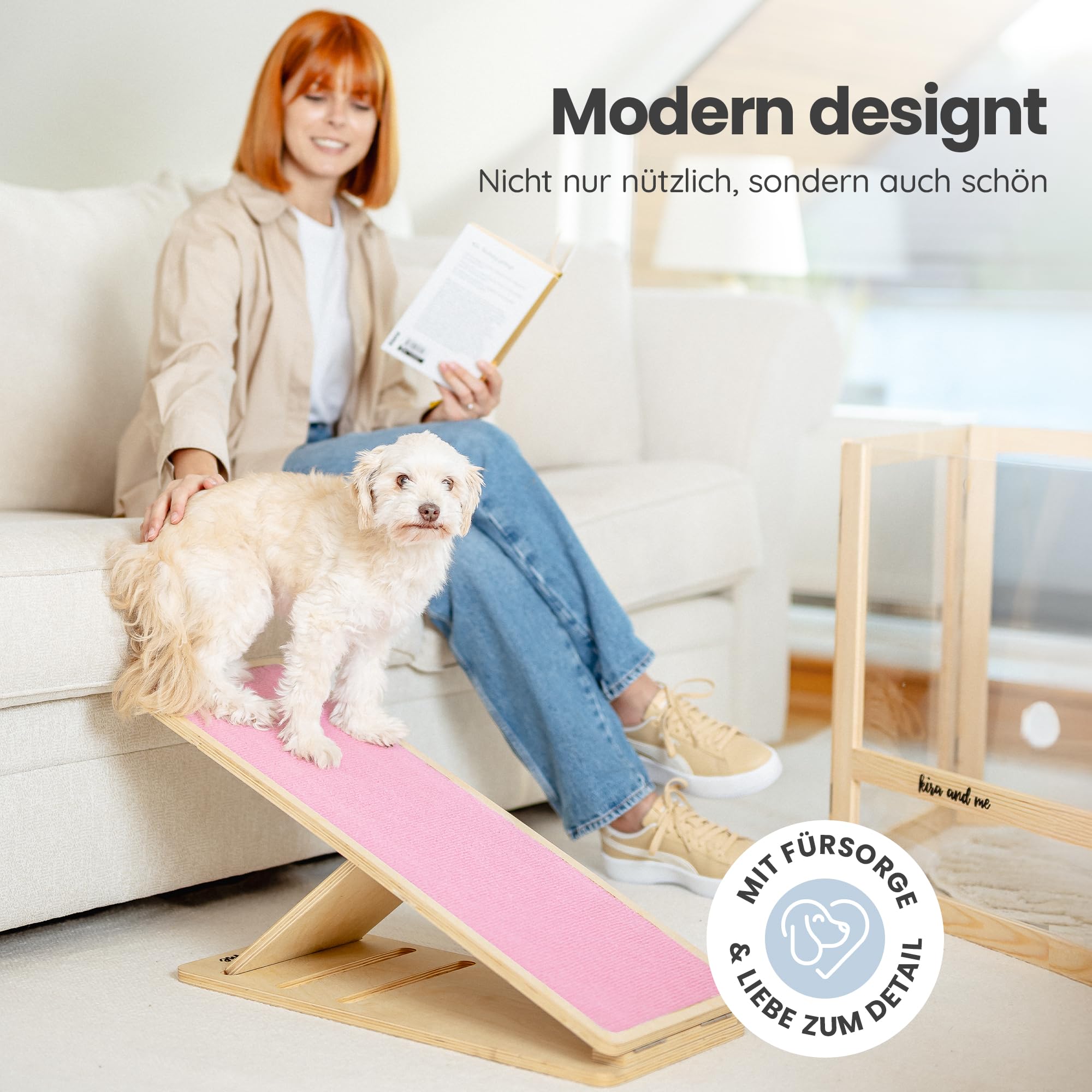 Ruby - Rampa per cani in legno massiccio, regolabile in altezza, pieghevole e antiscivolo, rampa in legno per cani di piccola taglia, 30-50 cm (rosa, M)