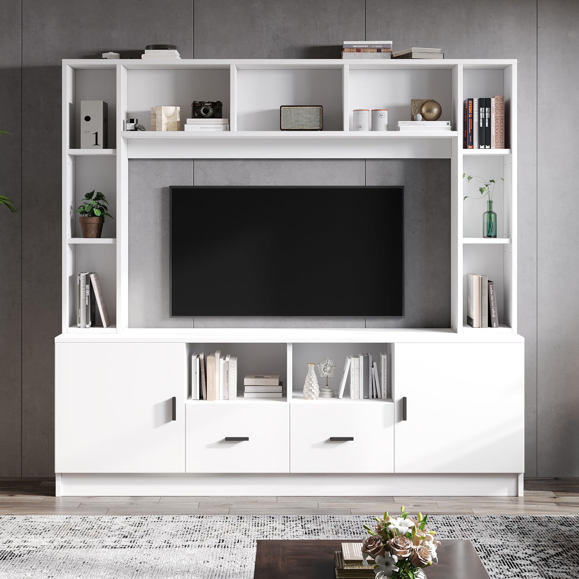 Set parete attrezzata TV 180*35*170 cm con vetrina, parete multimediale incl. set mobile TV e scaffale, set mobili soggiorno TV con 2 armadi, 2 cassetti, 11 scomparti, parete componibile, parete soggi