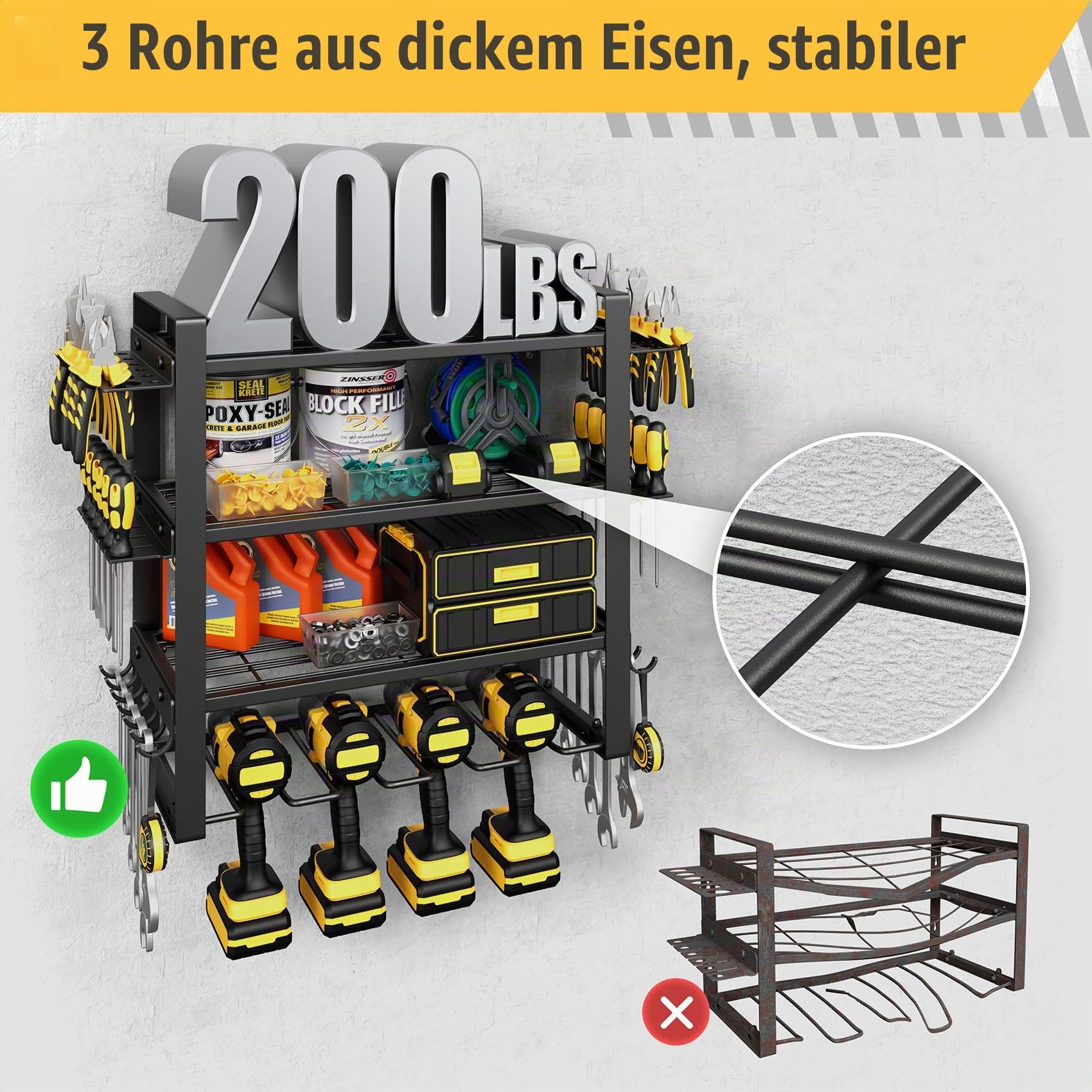 Jusgym Werkzeug Wandhalterung, 4 Ebenen Schwerlast Werkstatt Wandregal mit 4 Akkuschrauber Halterung, bis 90kg Tragfähigkeit, multifunktionales Garage Organizer Werkzeugregal für Werkstatt & Garage