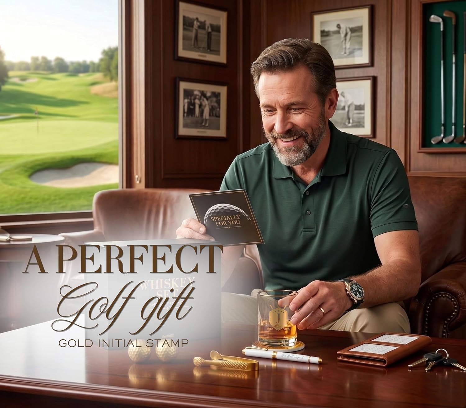 Onebttl Whisky Gifts for Men, Personalized Golf Whiskey Glass with Coaster, Pen, Whiskey Stones for Him on Father's Day, Boss Day and Birthday - S