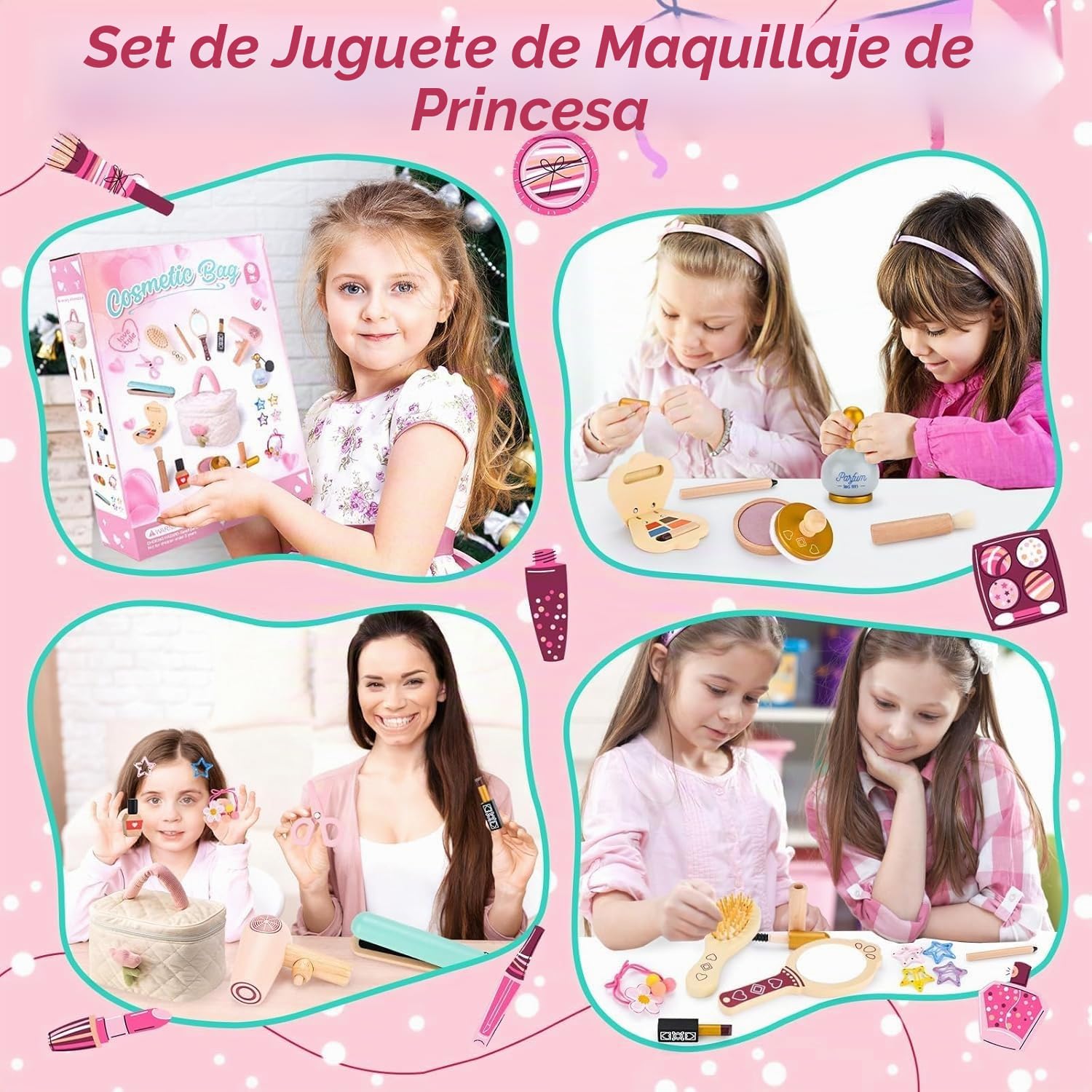 Set Maquillaje de Madera Niña,Set Maquillaje Niñas,Juguete con Neceser de Maquillaje,Conjunto de peluquería,Maquillaje Juguete de Madera,Juego de Roles,Regalo para niñas de 3 4 5 6 7 8Años