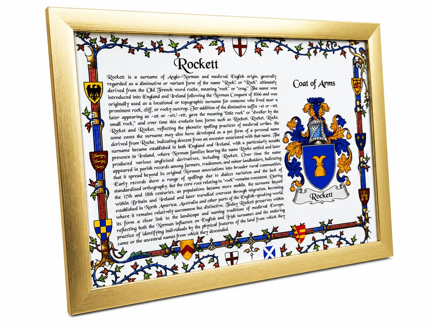 AGS-Designs Your family coat of arms & your family surname meaning and history - complete in gold frame