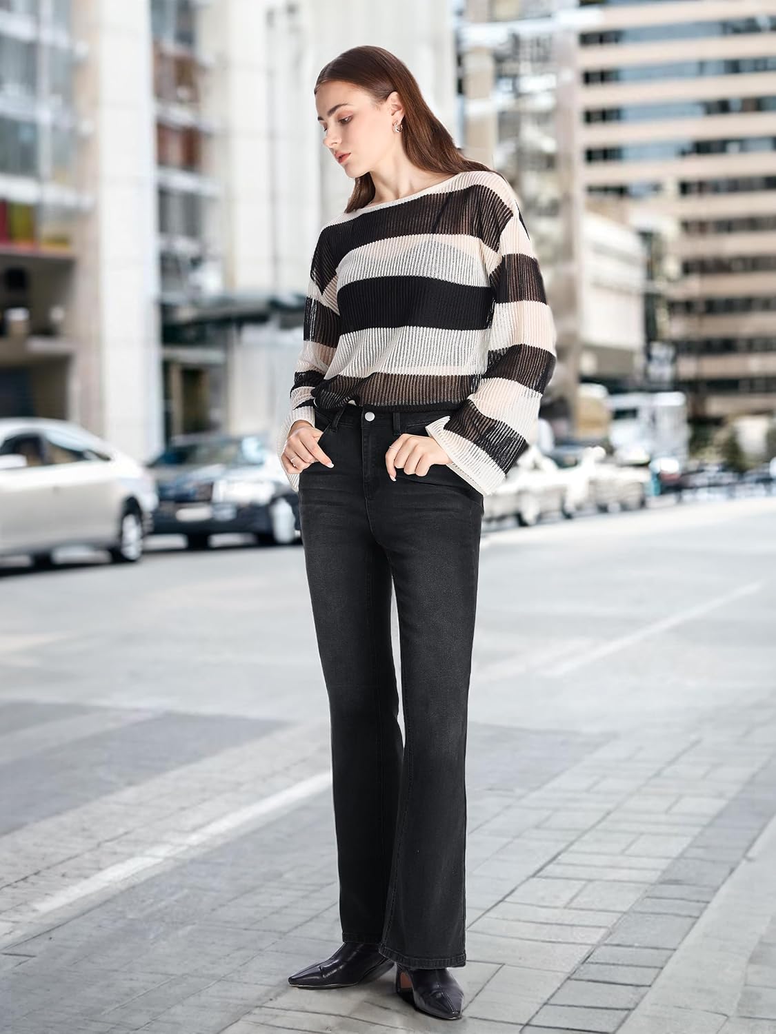 Women's 26" Short Stretch Flare Jeans High Waisted Curvy Bootcut Denim Pants, Black, Small - Image 9