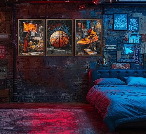 Miniatura 5 de 3 piezas de arte de pared de baloncesto con grafiti en lienzo, pósteres de cancha de baloncesto, impresiones, pinturas, grafiti retro abstracto,