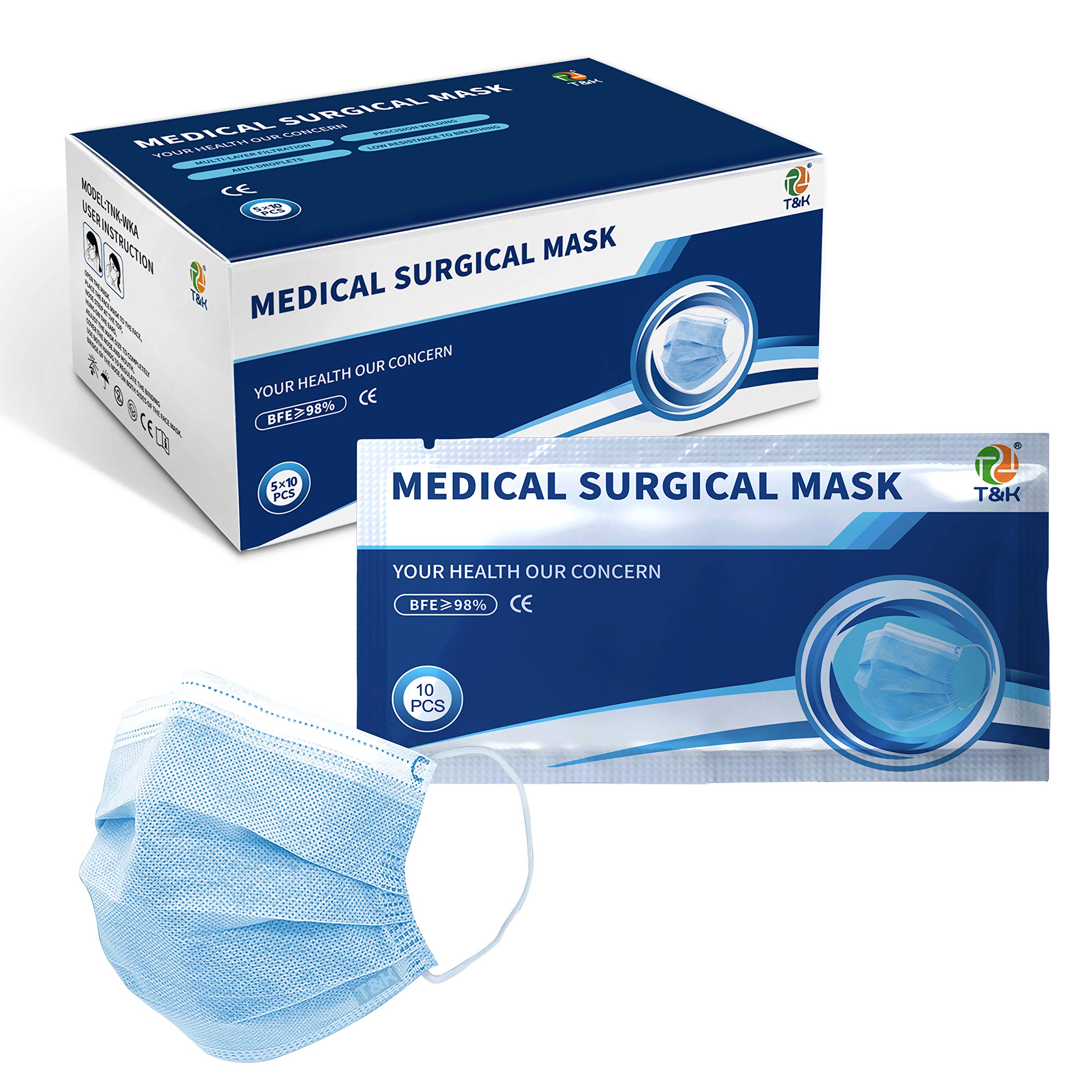 T&K，50pcs/Box, Medical Surgical Masks, EN14683 Type IIR