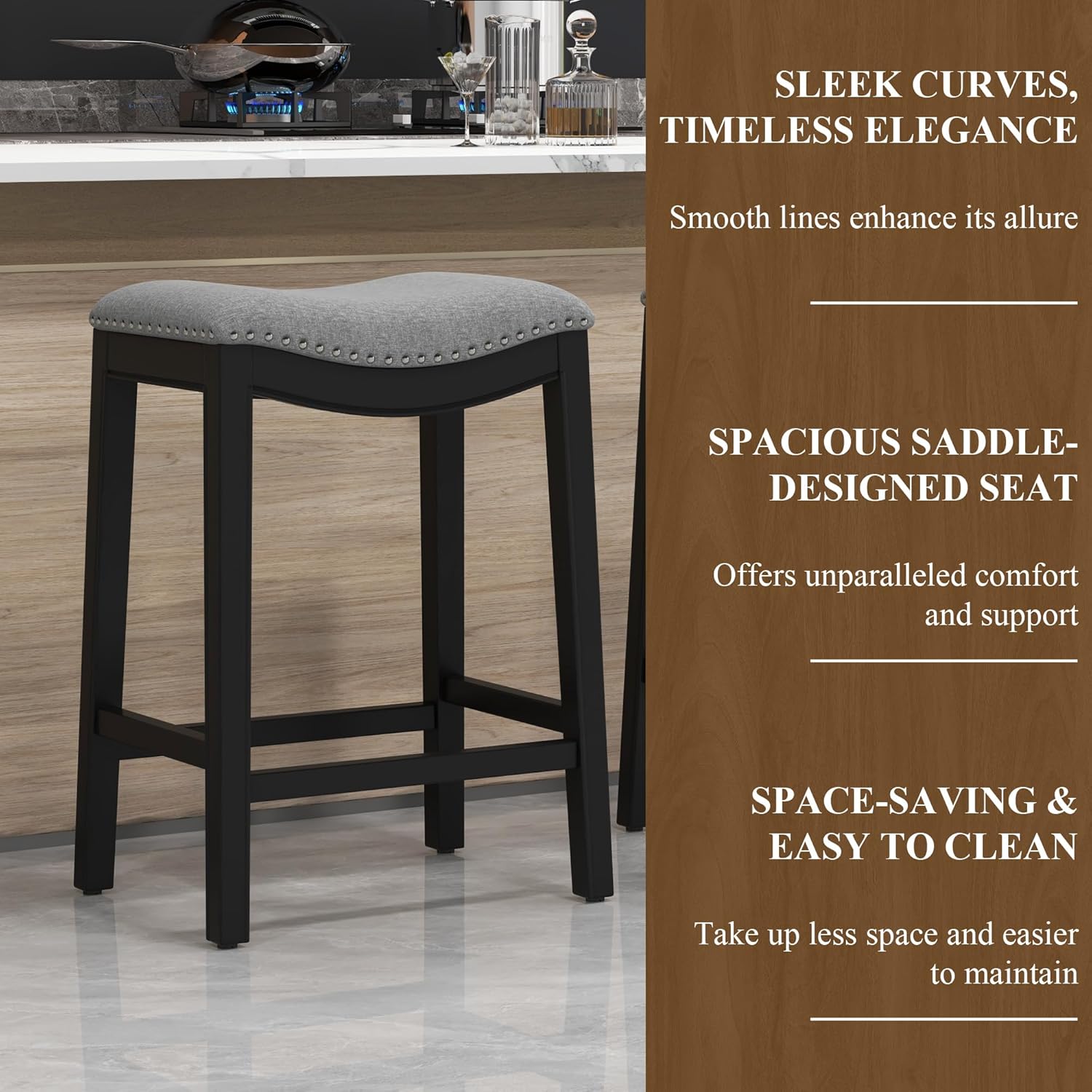 ABET Bar Stools Counter Height Chair Set of 3, 27" Backless Farmhouse Barstools with Hand-Brushed Wood Finish Leg & Footrest, Nailhead Saddle Seat, Upholstered Linen Kitchen Island Chairs, Grey