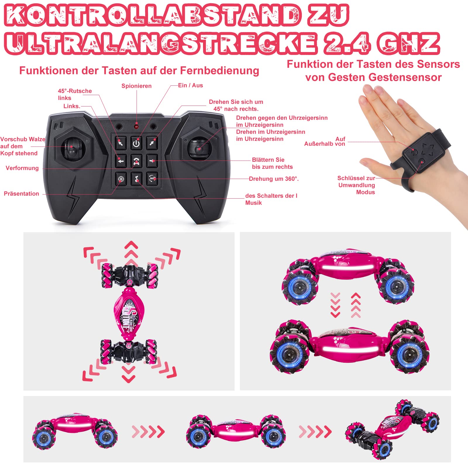 Ltteaoy Gesto Operazione RC Auto per Bambini,4WD 2.4GHz 6/7/8 anni auto telecomandata,doppio lato rotante Off-Road RC Twist Car 360 ° capovolge con luce e musica, regali per i bambini (rosa)