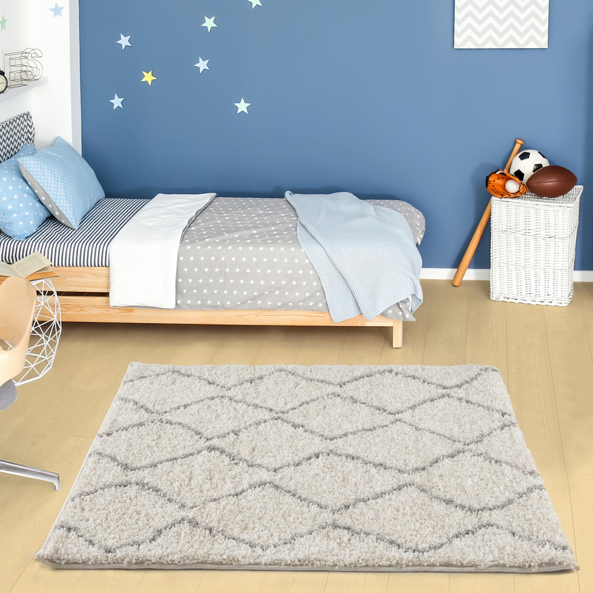 THE RUGS Modern Moroccan Design Living Room and Bedroom Rugs, Non-Shedding & Easy Care (Boho Ivory/Grey, 120 cm Square) - Image 3