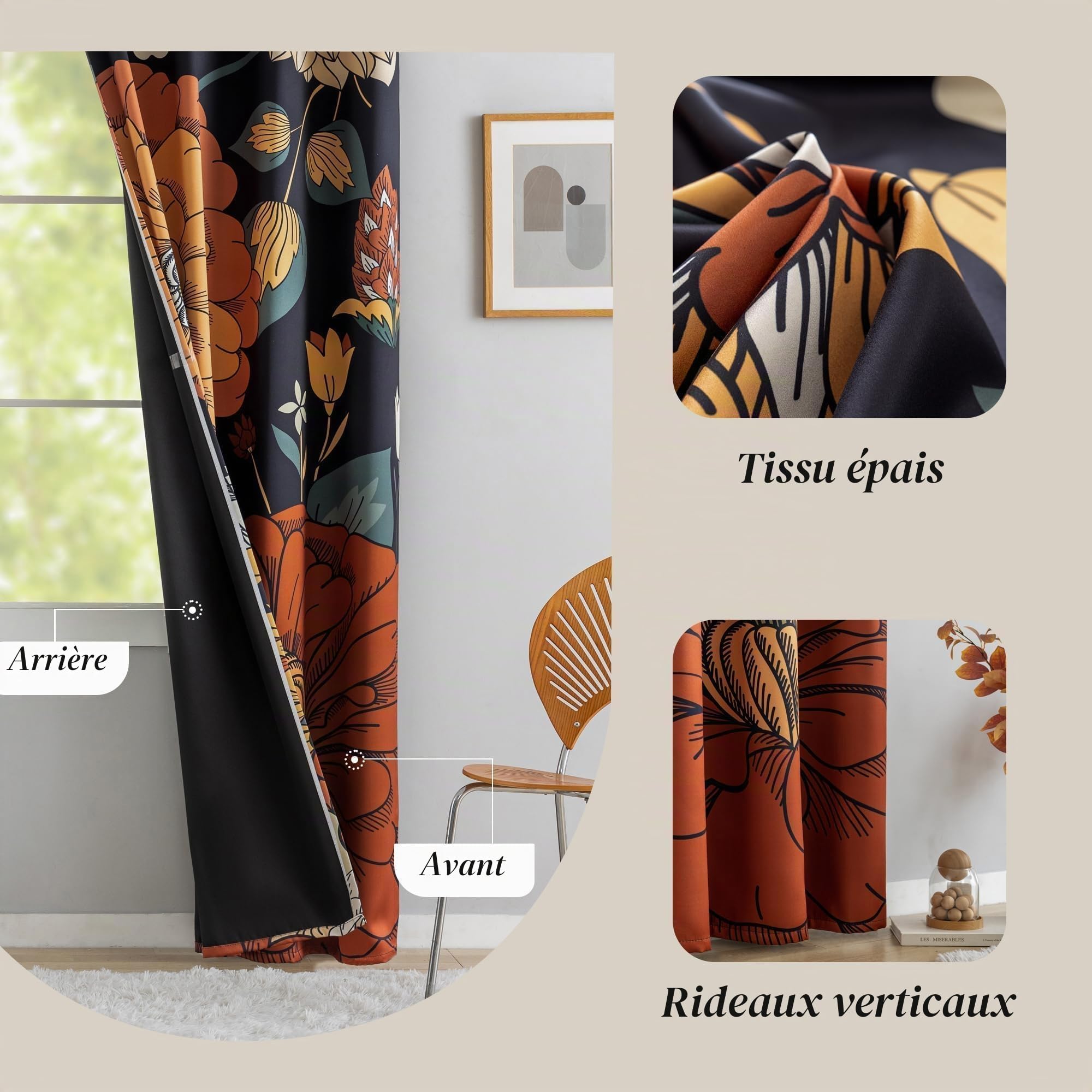 Tyrot Lot de 2 rideaux 100 % occultants à isolation thermique avec œillets, motif floral bohème style Mid-century, pour salon, chambre à coucher, l 132,1 x L 213 cm, noir