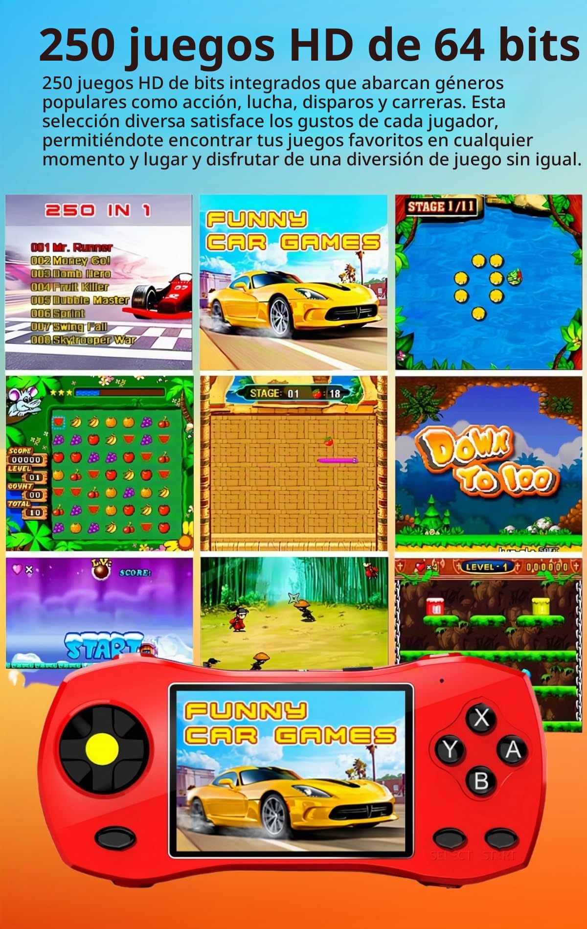 CZT 3.0" Forma de Coche Deportivo Consola de Videojuegos 250 Juegos de 64 bits Compatible con Salida de TV Rompecabezas Portátil para niños Regalo Ideal de Cumpleaños Ocio