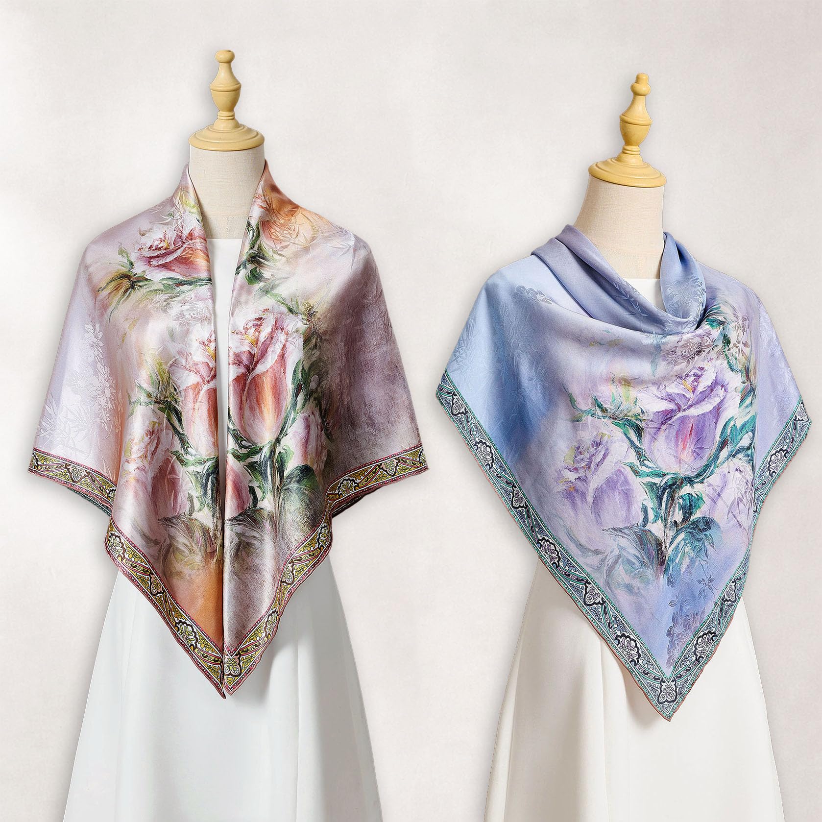 HangErFeng Bufanda de seda de doble cara con estampado de rosas Hua Luo Jacquard, pañuelo cuadrado para el pelo, pañuelo para la cabeza, 104 cm 1630