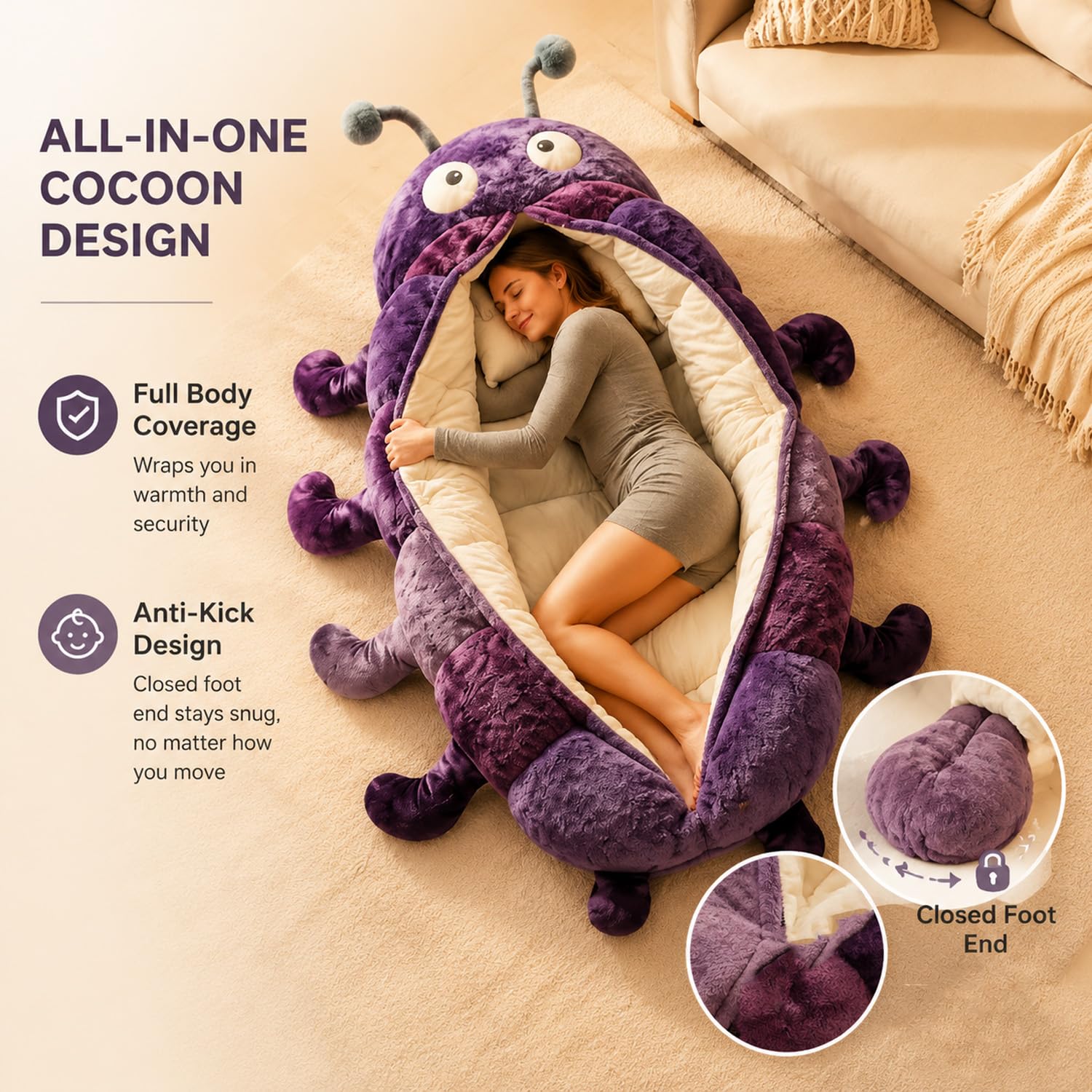 Caterpillar - Saco de dormir de felpa súper suave, forma de capullo de una pieza, plegable, portátil para casa, viajes, camping, bonito diseño de animales (90 pulgadas de longitud)