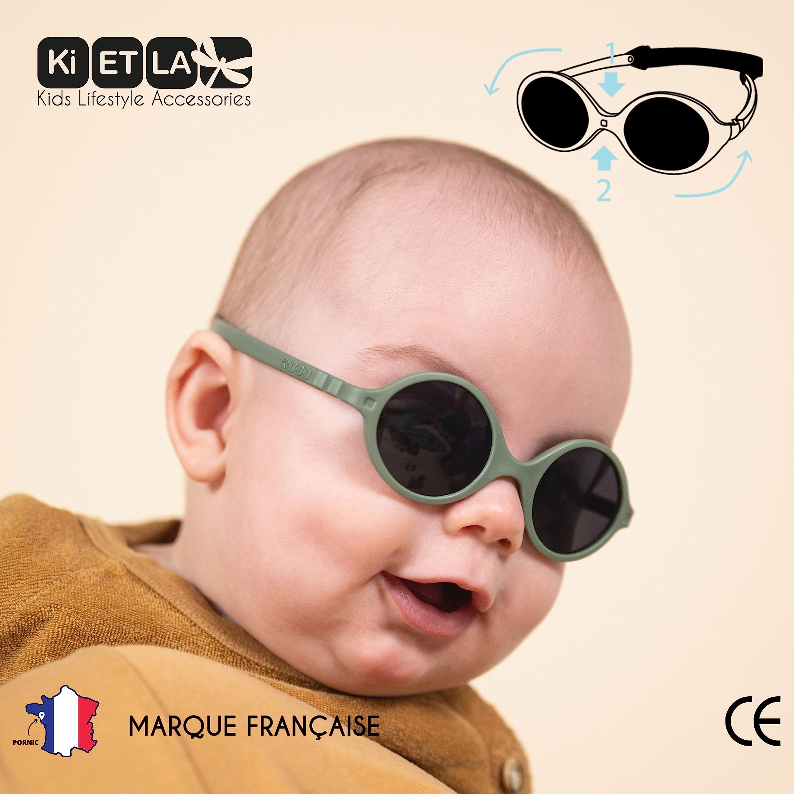 KI ET LA - Diabola 2.0 - Lunettes de Soleil Bébé 0-1 an Norme CE - Protection UV Totale - Ultra Légères - Souples - Incassables - Filtre à Lumière Bleu - Cordon Ajustable Inclus - Marque Française