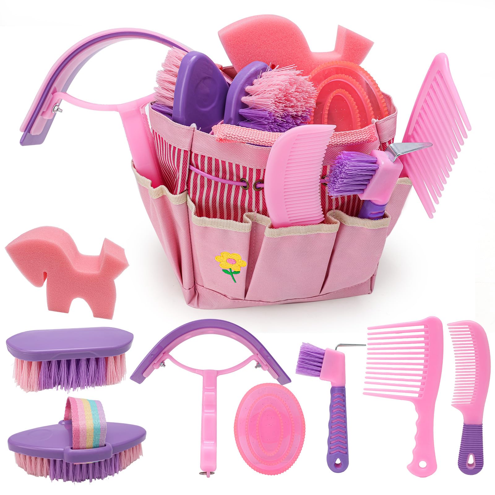 Kit de aseo de caballos, cepillos para caballos para suministros de aseo con bolsa organizadora, juego de cepillos para caballos para un aseo y limpieza efectivos, regalo para jinetes principiantes