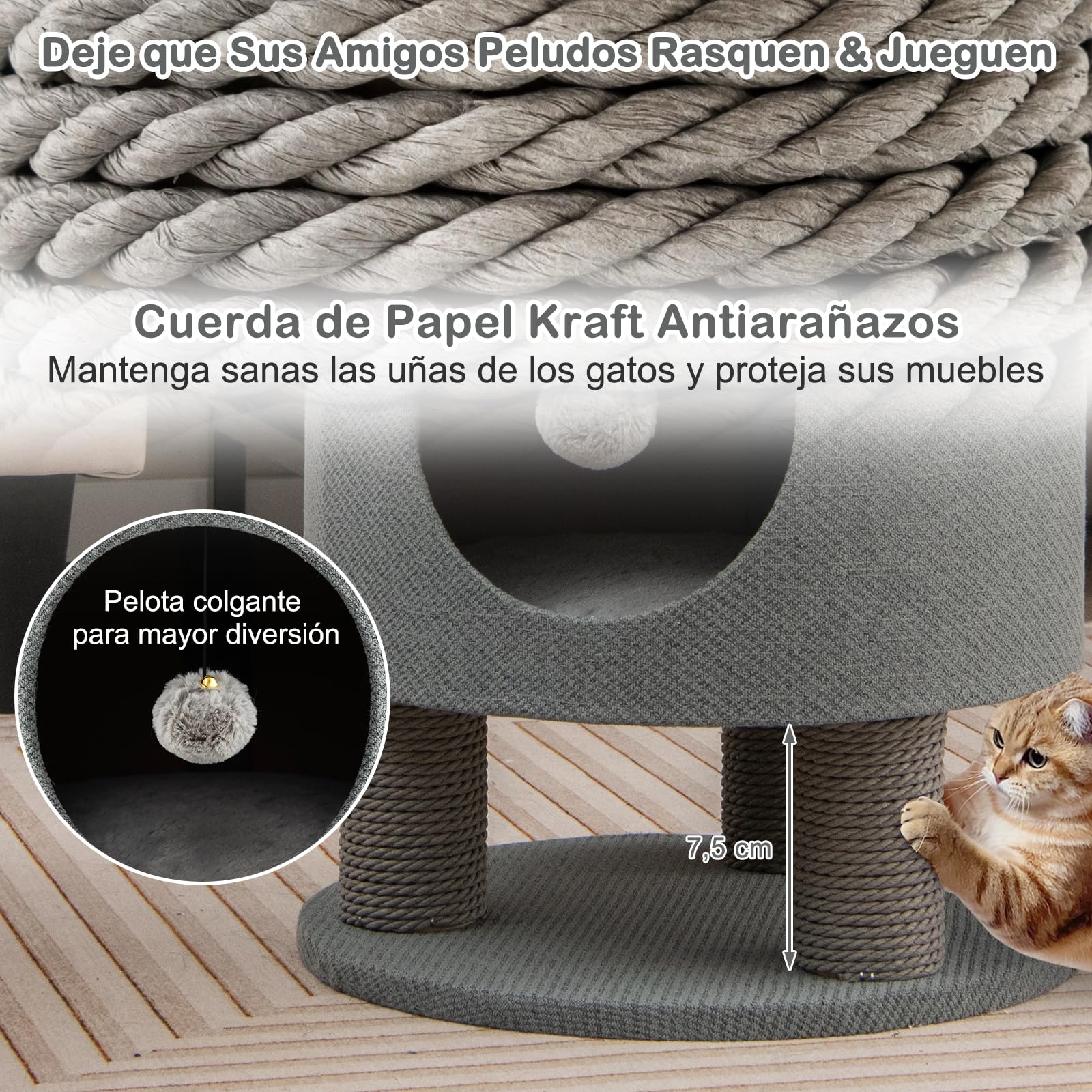 GYMAX Cueva para Gatos, Casa para Gatos con Funda Suave, Bola Colgante y Entrada Redonda, Árbol Rascador Acolchado con 3 Columnas para Rascar, Taburete Soporta hasta 60 kg (Gris)
