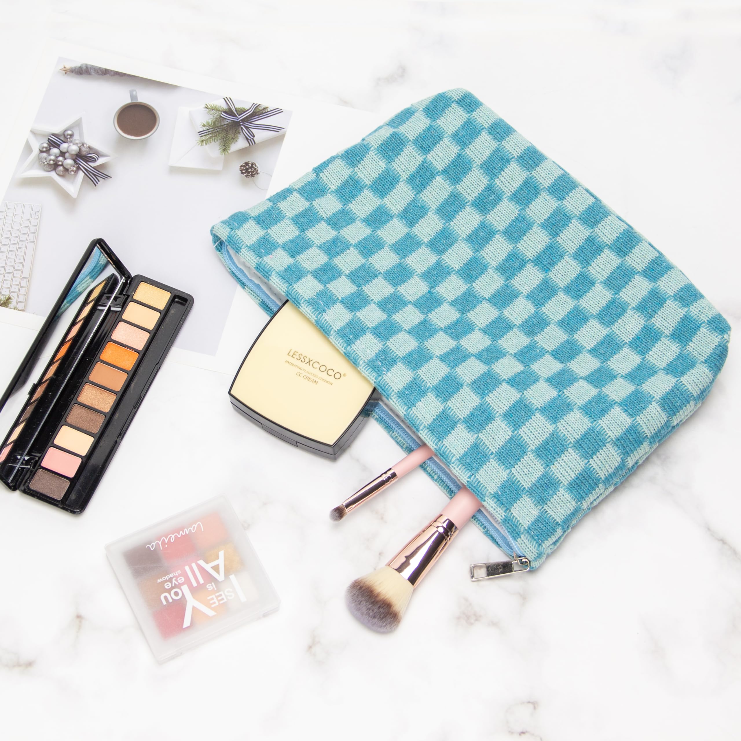 PAZIMIIK Karierte Make-up-Tasche für Geldbörse, tragbar, mit Reißverschluss, kleine Kosmetiktasche für Reisezubehör, B-lake blue