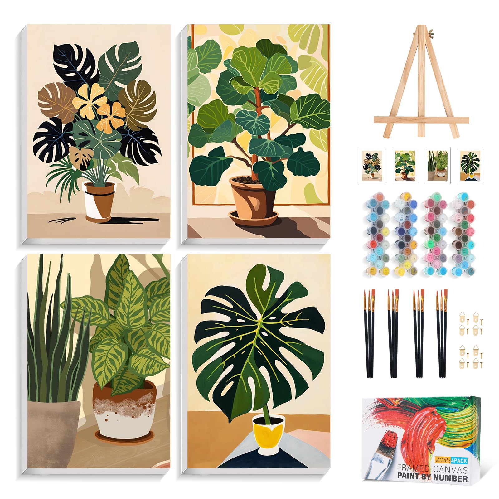 Plant Paint by Numbers for Adults with Frame, Easel, 8x12in, 4 Pack