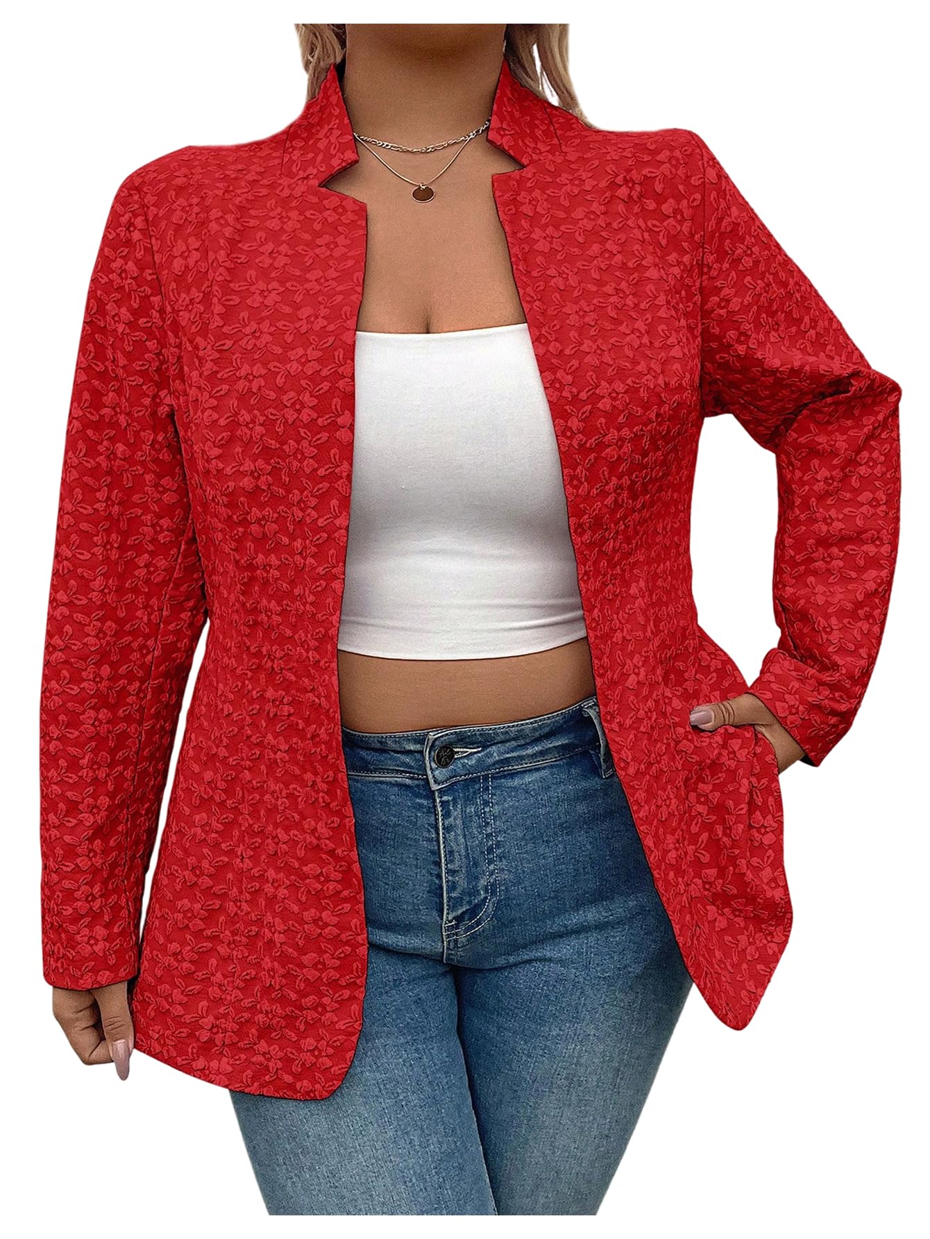 OYOANGLE Womens Plus Size Jacquard Long Sleeve Open Front Blazer Jacket Notch Collar Work Dressy Coat Outerwear
