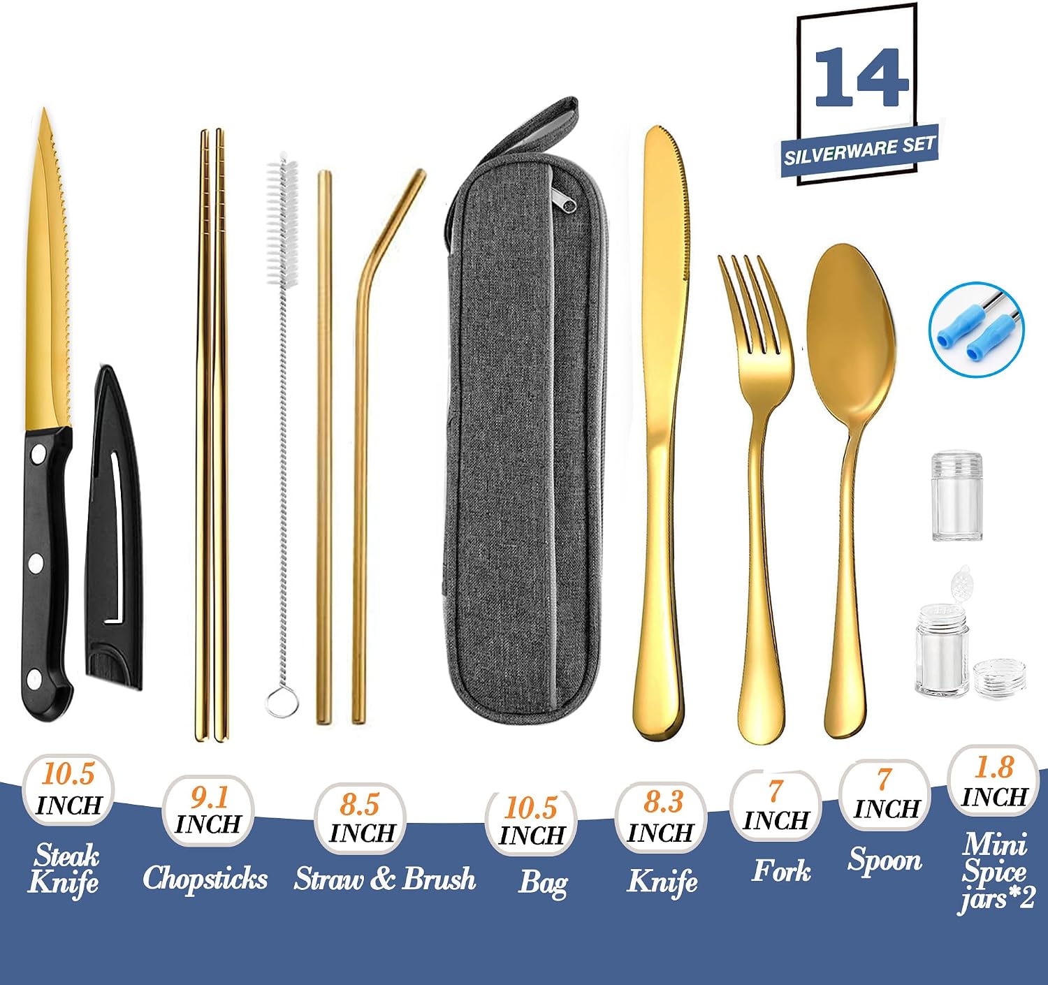 Stainless Steel Travel Utensil Set with Case - Portable Flatware Cutlery, Chopsticks, Straw - Gold image 2