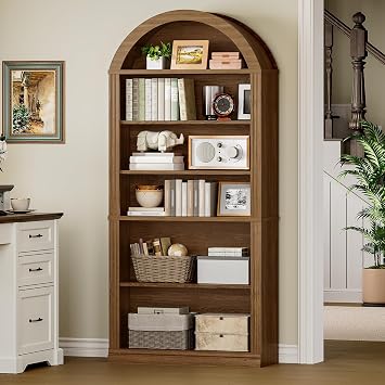 RALGEND Arched Bookshelf Set of 2, 75.8 Tall Arch Bookcase with Storage, 6-Tier Farmhouse Book Shelf, Arched Cabinet, Wooden Bookshelf with Open Display Shelves, Adjustable Shelf, Office, Walnut