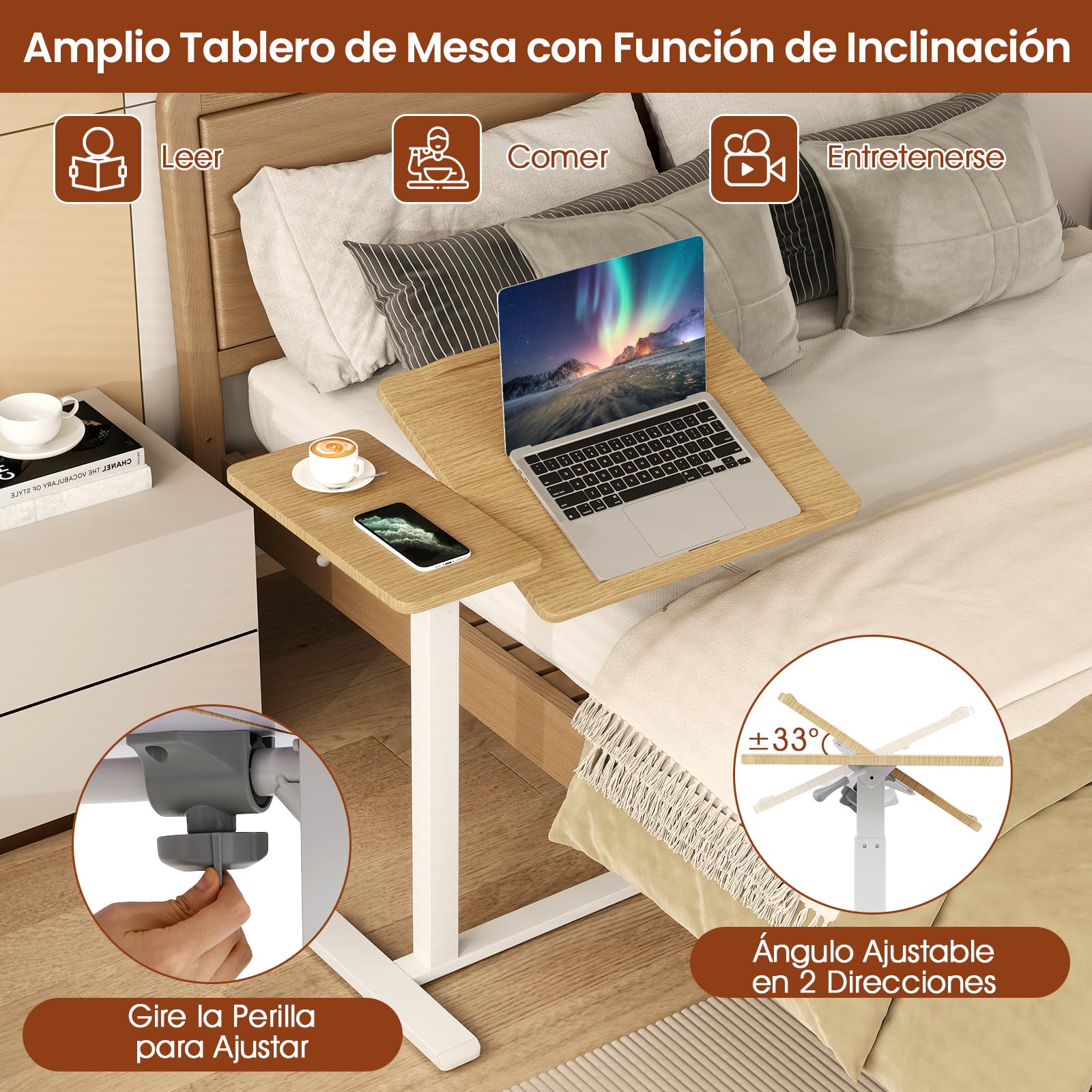 COSTWAY Mesa Auxiliar con Ruedas, Tablero Inclinable y Topes Dobles, Altura Ajustable, Mesita en Forma de C para Sofa Cama Salon Dormitorio Hospital, 68 x 49 x 70-103.5 cm, Natural