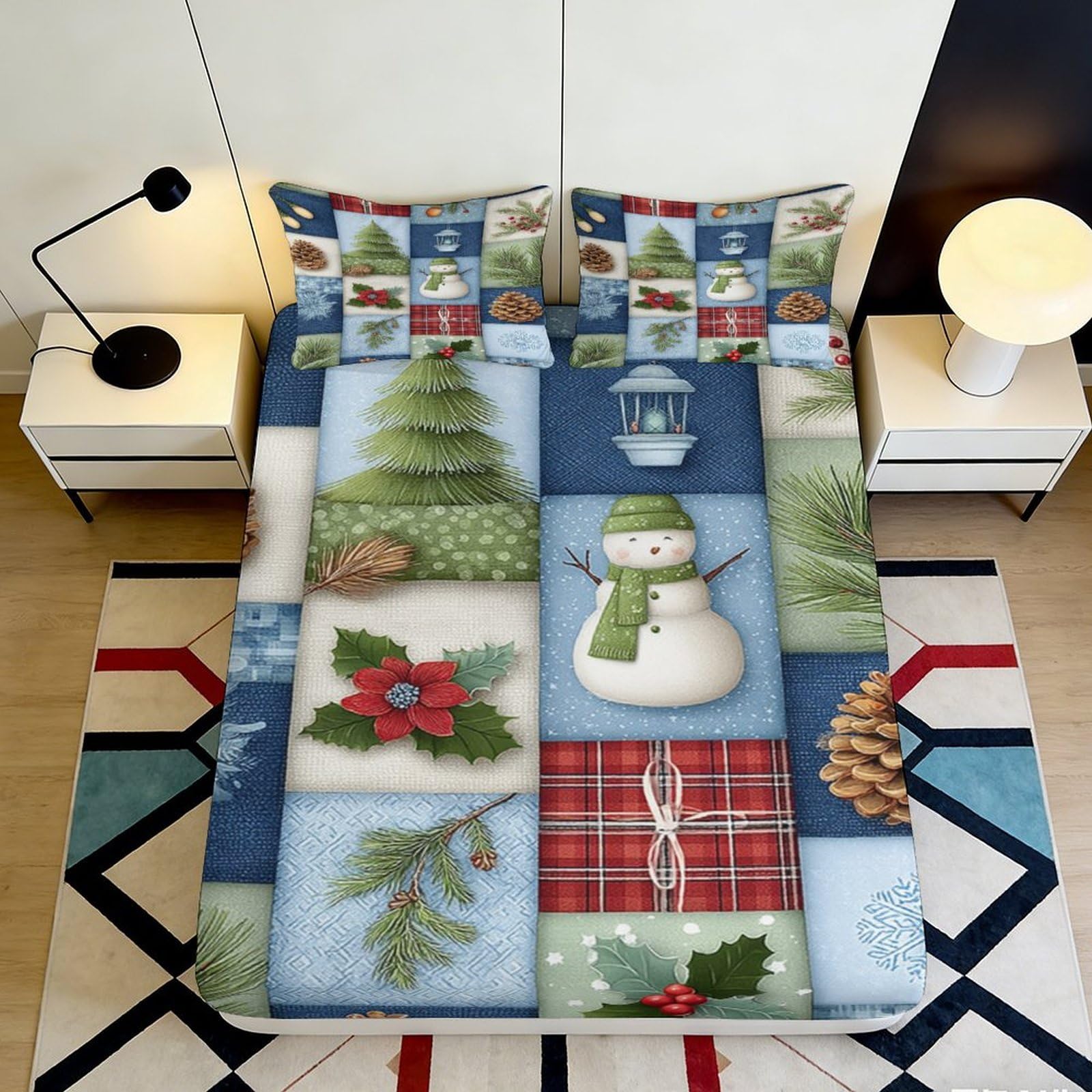 Pnayamiorkfel Style-4 3D Printed Christmas Snowman Fitted Sheet Microfiber Soft Holiday Tree Bed Cover For Bedroom Guest Room Dorm Decor 90X200x25cm